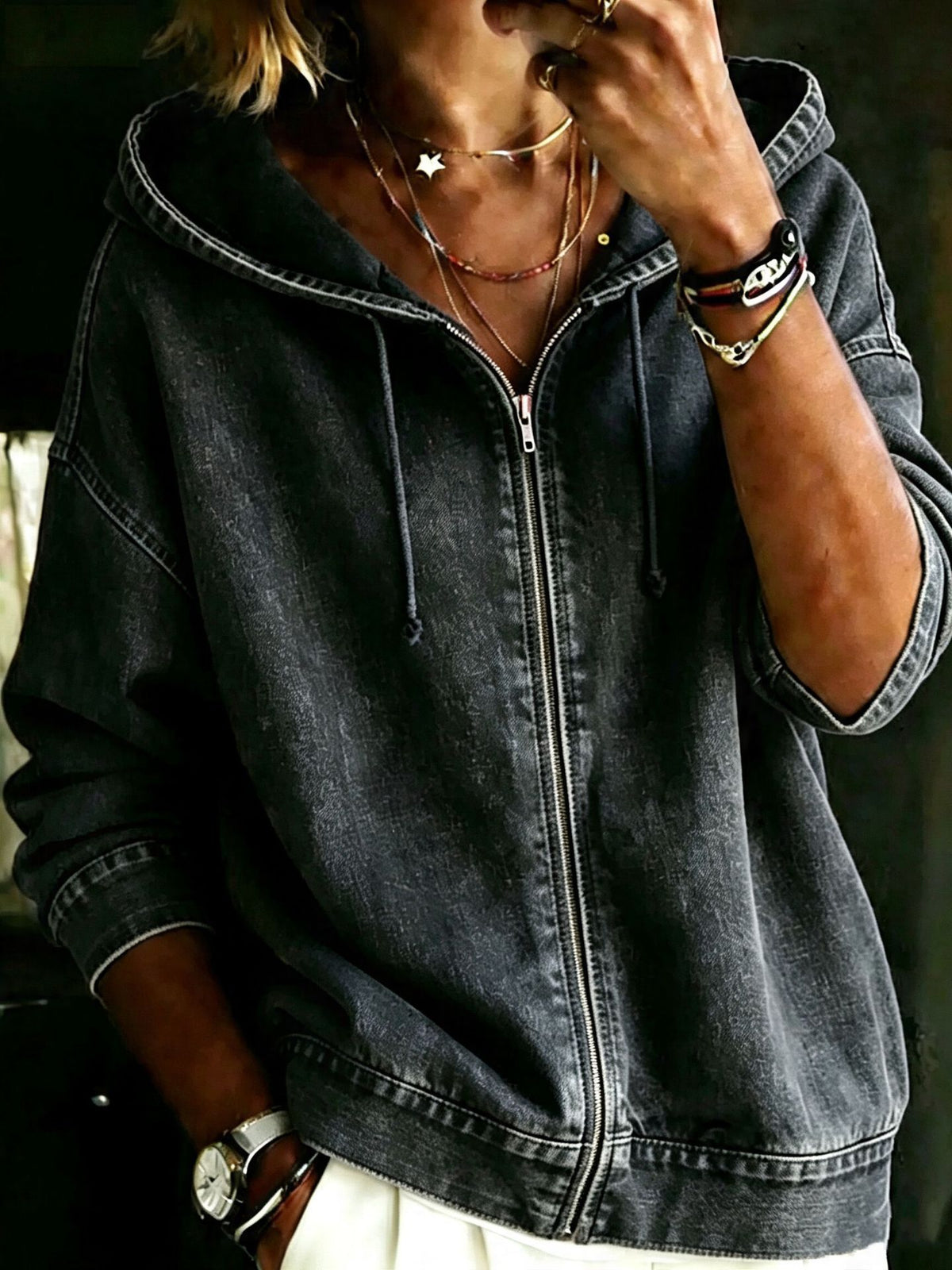 Oversized Zip-Up Hooded Denim Jacket