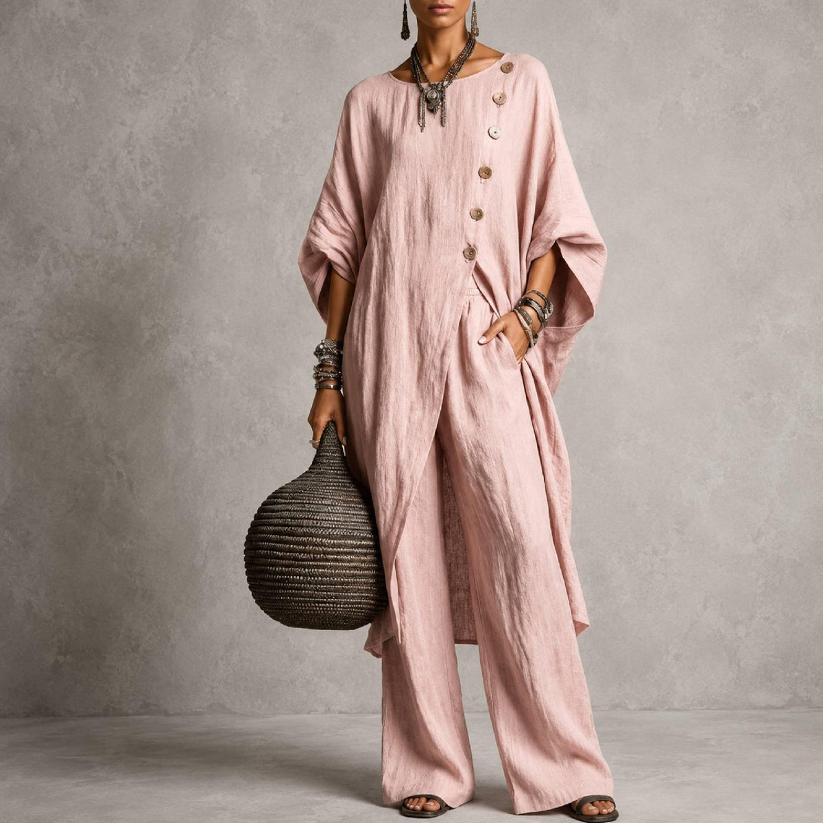 Linen Blend Asymmetrical Button Tunic & Wide Leg Pants Set