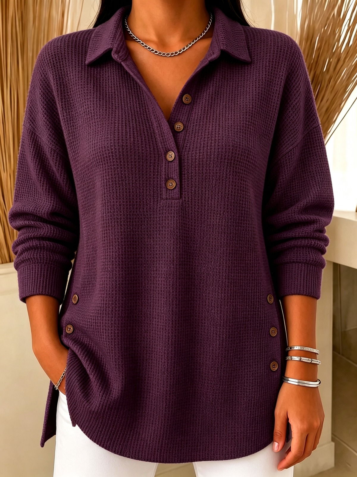 Chic Long Sleeve Waffle Knit Polo Sweater Casual Loose Henley Shirt(📦Buy 2 FREE SHIPPING & EXTRA 10% OFF)