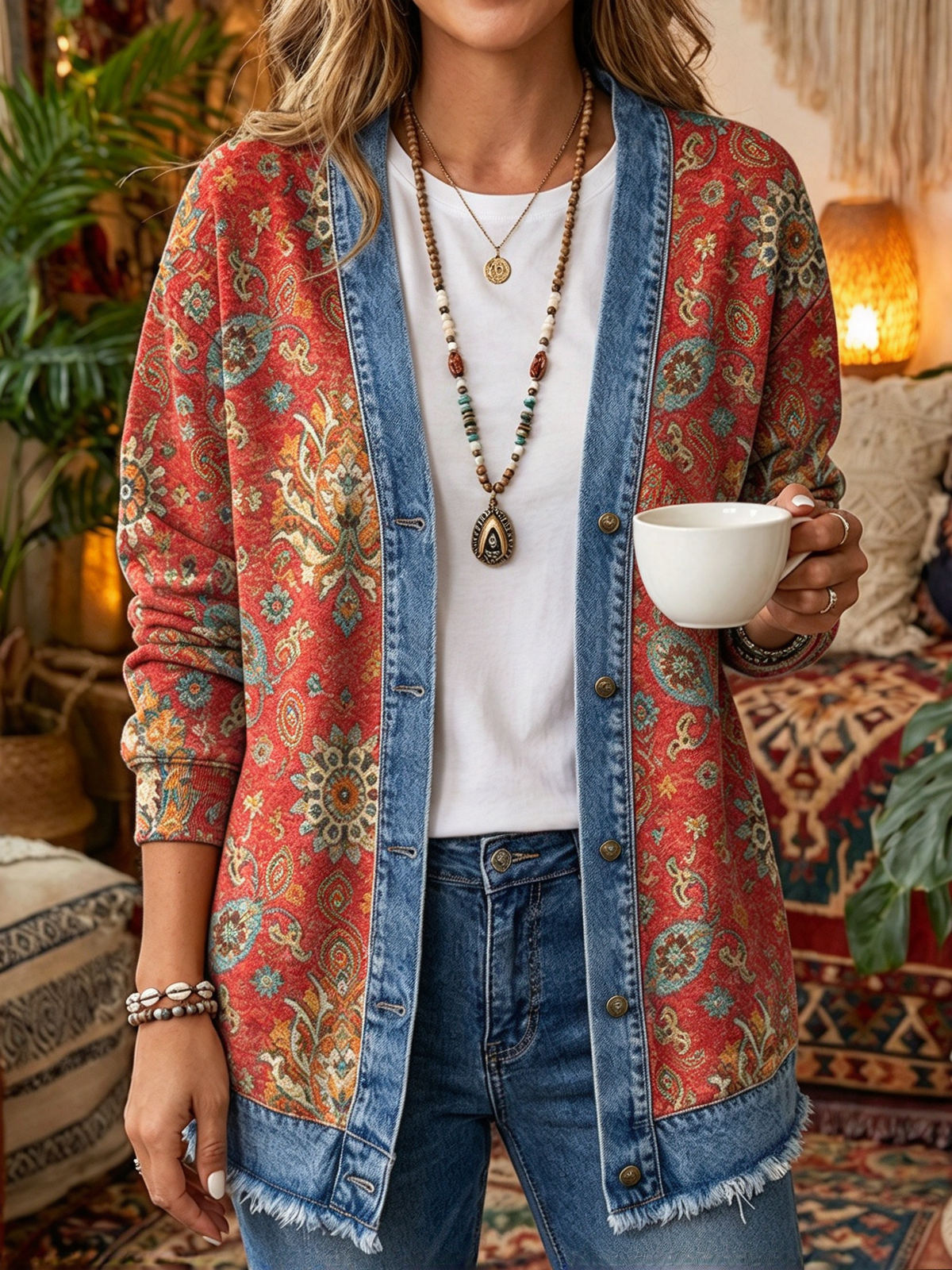 2026 Early Black Friday Sale | Cozy Relaxed Fit Print Splicing Cardigan, Soft Warm Versatile Long Sleeve Outerwear