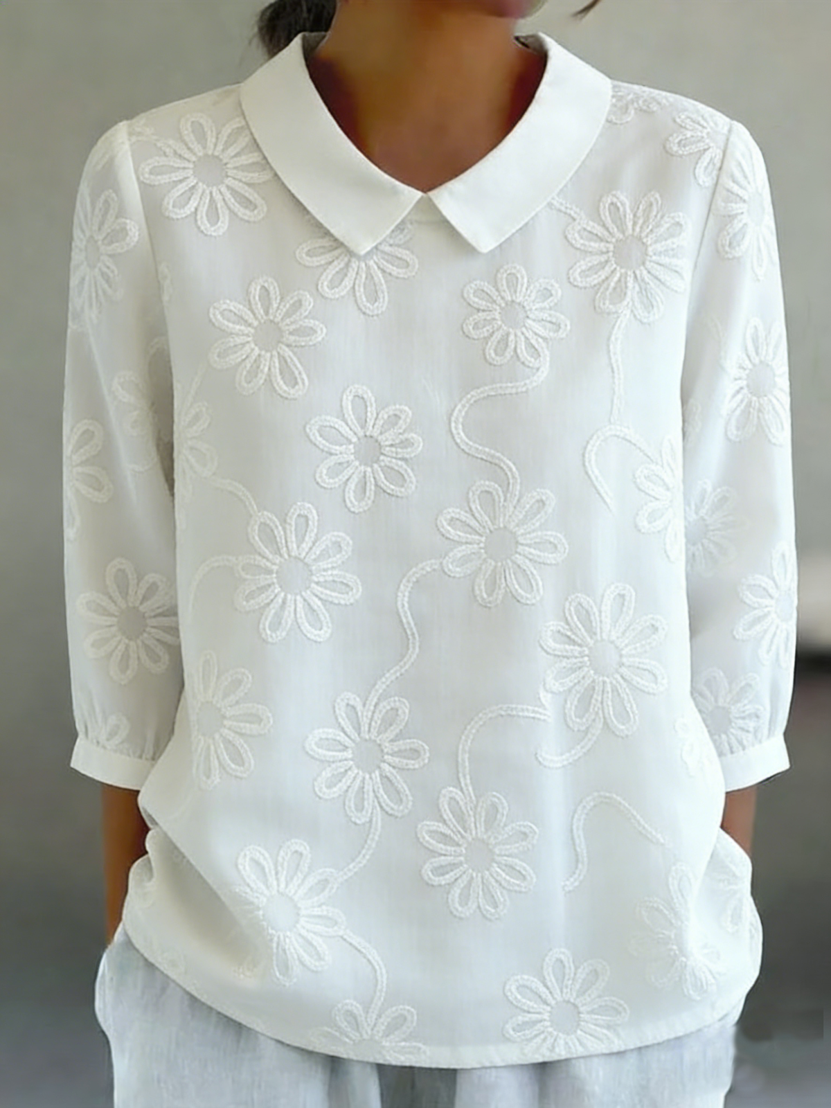 Romantic Floral Embroidered Peter Pan Collar Shirt Blouse