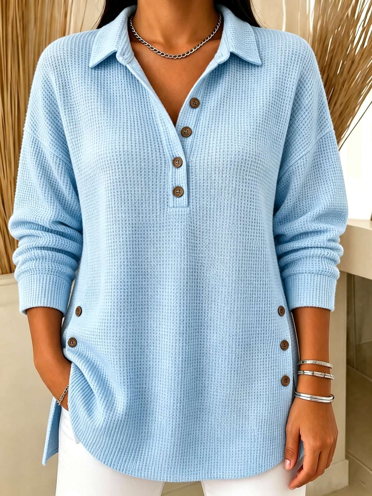 Chic Long Sleeve Waffle Knit Polo Sweater Casual Loose Henley Shirt(📦Buy 2 FREE SHIPPING & EXTRA 10% OFF)