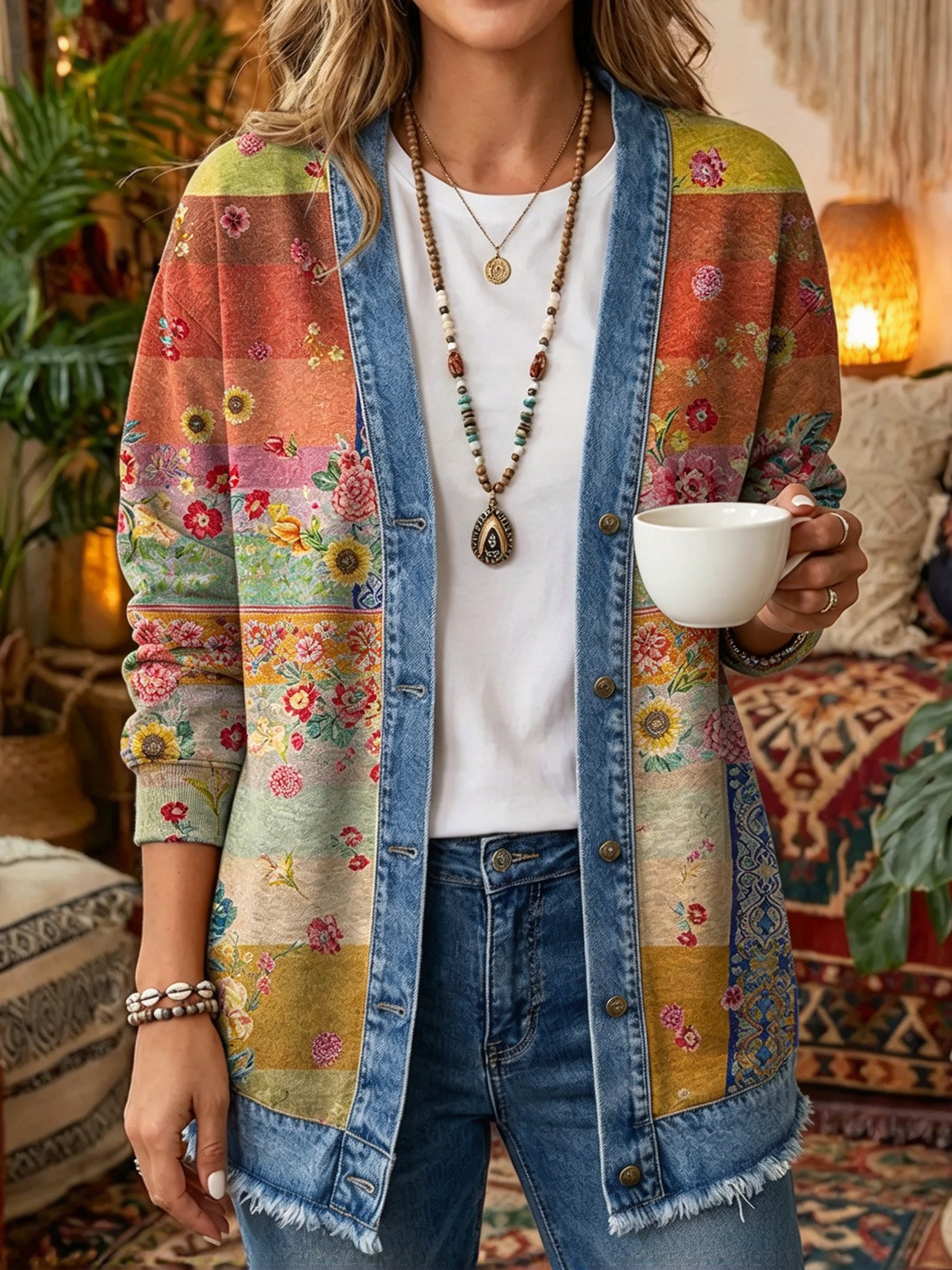 2026 Early Black Friday Sale | Cozy Relaxed Fit Print Splicing Cardigan, Soft Warm Versatile Long Sleeve Outerwear
