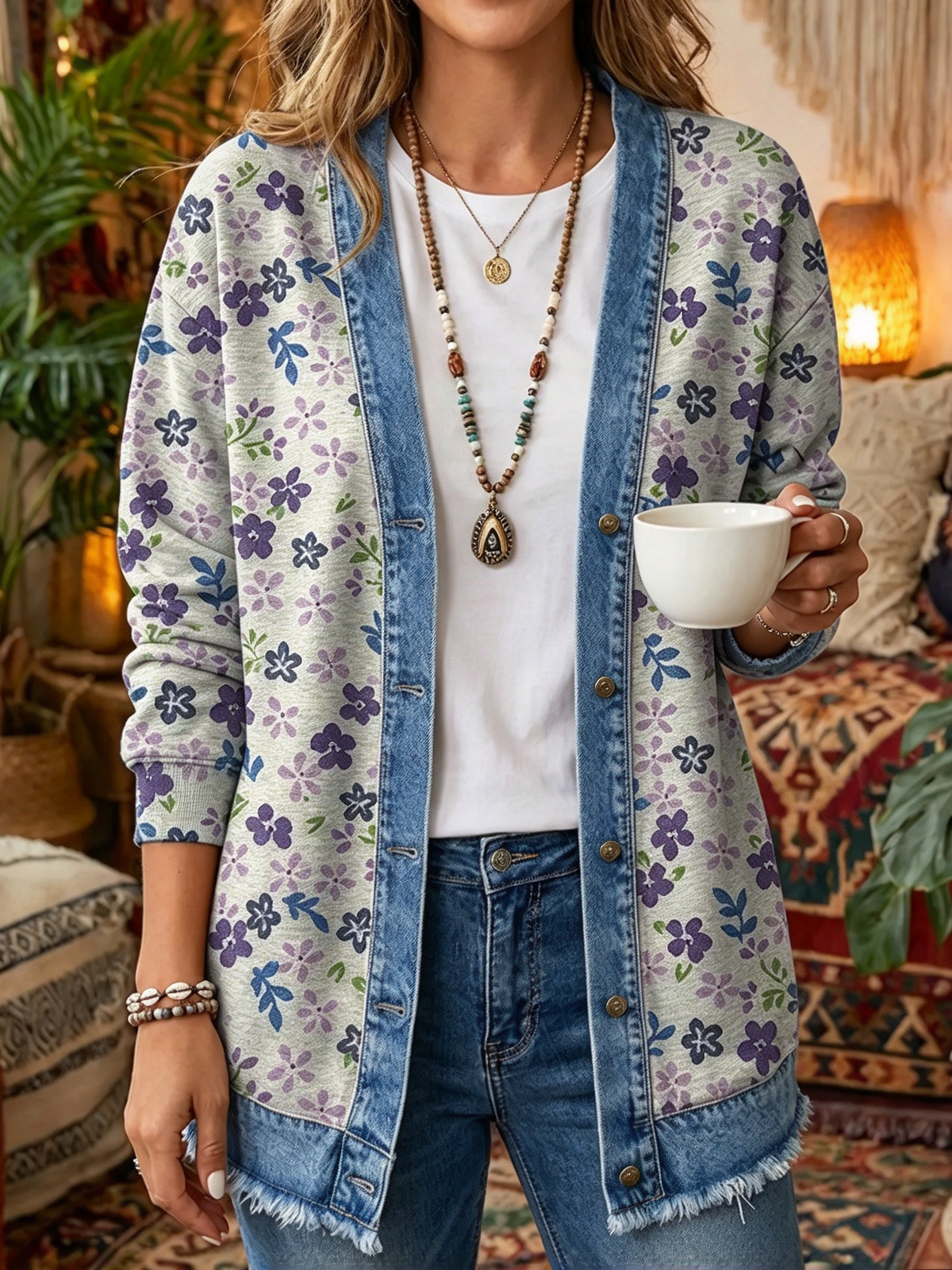 2026 Early Black Friday Sale | Cozy Relaxed Fit Print Splicing Cardigan, Soft Warm Versatile Long Sleeve Outerwear