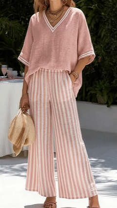 Solid-Color Top & Striped Wide-Leg Pants Set — Loose-Fit, Slimming, and Breathable
