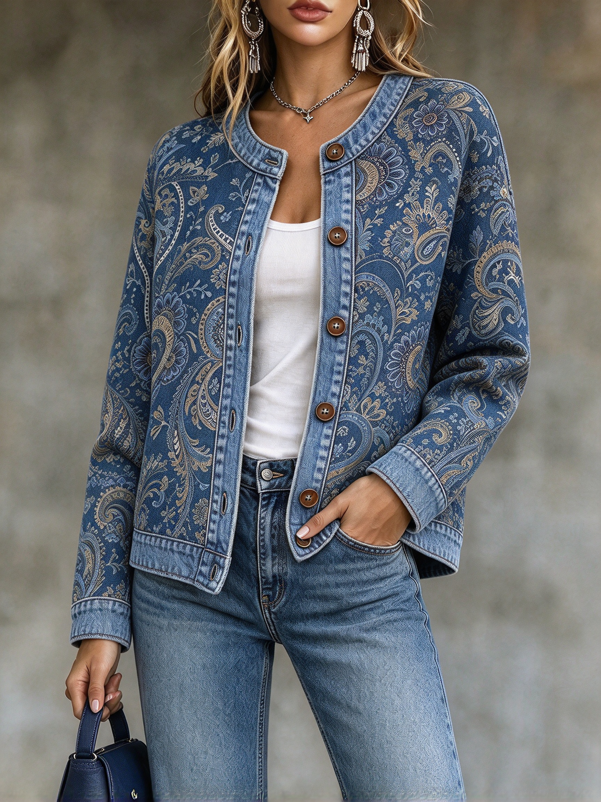 ⭐Women’s Casual Crewneck Jacket Button Front Paisley Print Long Sleeve Jacket