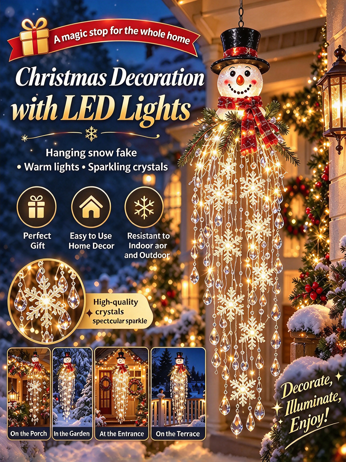 🔥 60% OFF TODAY 🎅 Hanging LED Christmas Light Decoration with Snowflake & Crystal | Magical Glow for Your Porch ✨