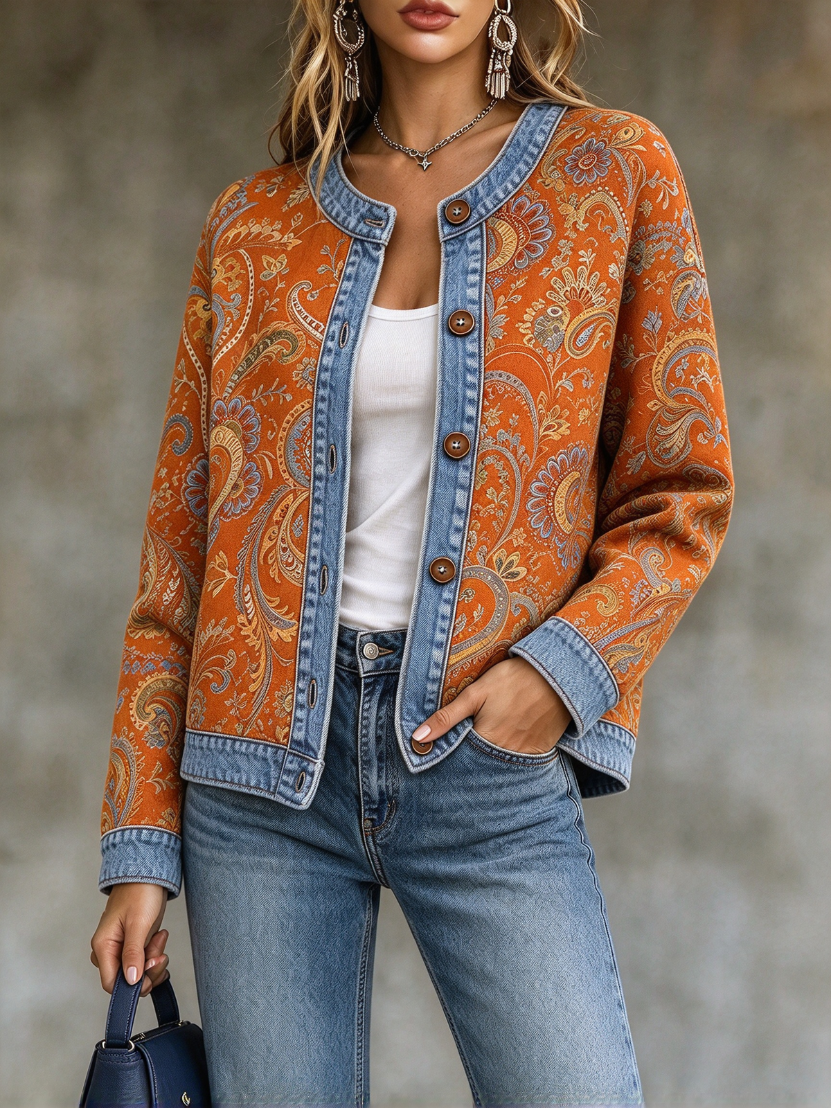 ⭐Women’s Casual Crewneck Jacket Button Front Paisley Print Long Sleeve Jacket
