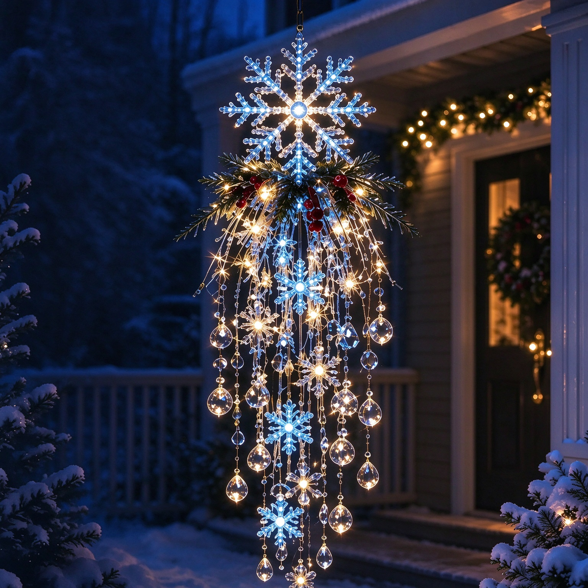 🔥 60% OFF TODAY 🎅 Hanging LED Christmas Light Decoration with Snowflake & Crystal | Magical Glow for Your Porch ✨