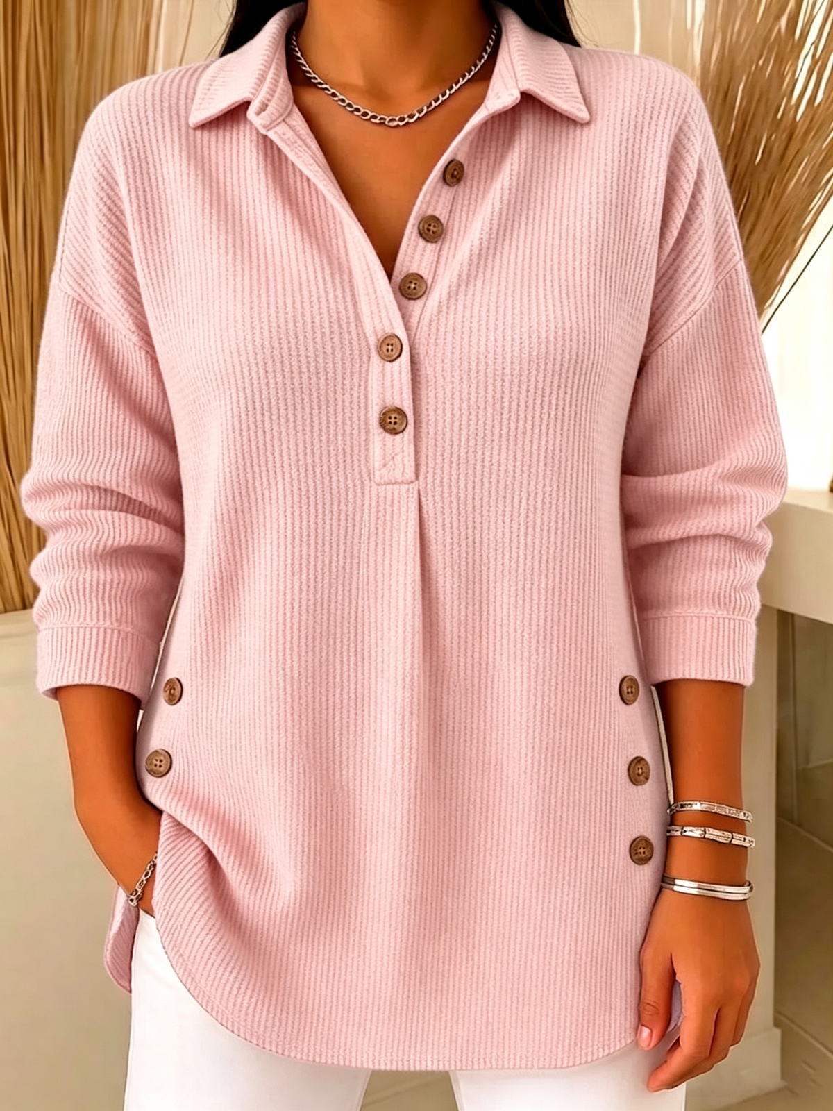 Women's Ribbed Knit Lapel Collar Tops - Casual V-Neck Button Down Shirts with Decorative Side Buttons(📦Buy 2 Free Shipping & 10% OFF)