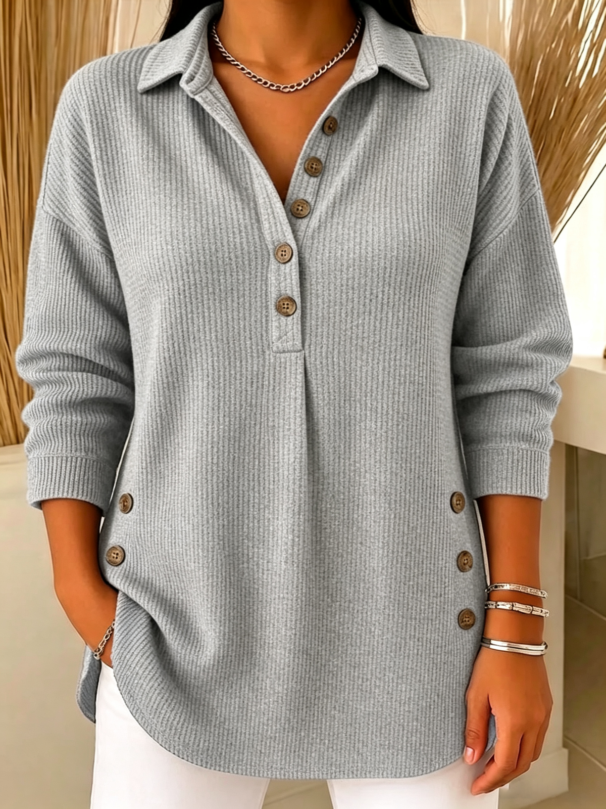 Women's Ribbed Knit Lapel Collar Tops - Casual V-Neck Button Down Shirts with Decorative Side Buttons(📦Buy 2 Free Shipping & 10% OFF)