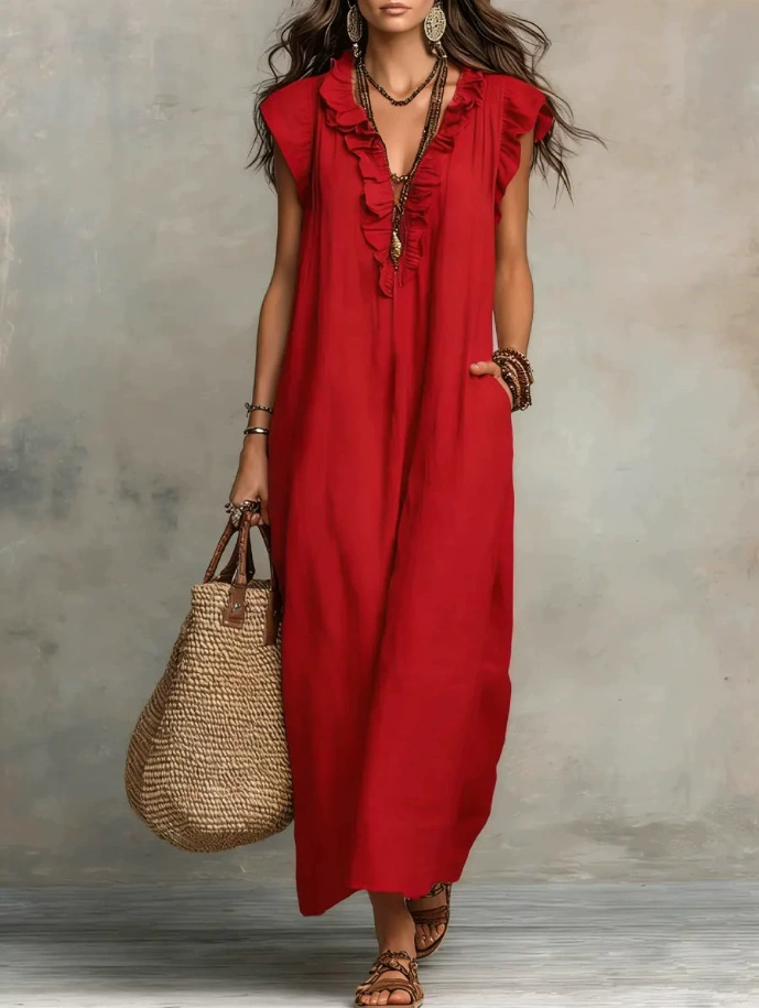 Women's Cotton-Blend Ruffle V-Neck Maxi Dress