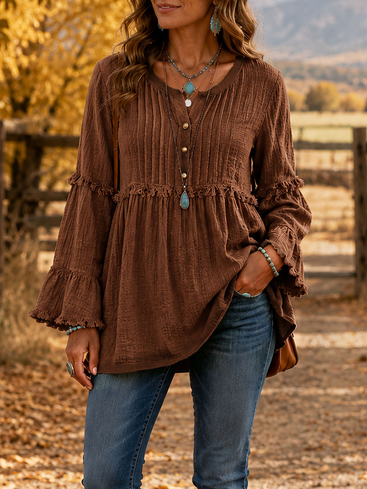 Women's Cotton Linen Fringe Trim Blouse Pleated Yoke Bell Sleeve Relaxed Tunic Top