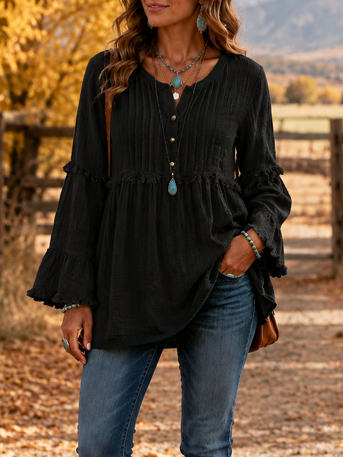 Women's Cotton Linen Fringe Trim Blouse Pleated Yoke Bell Sleeve Relaxed Tunic Top