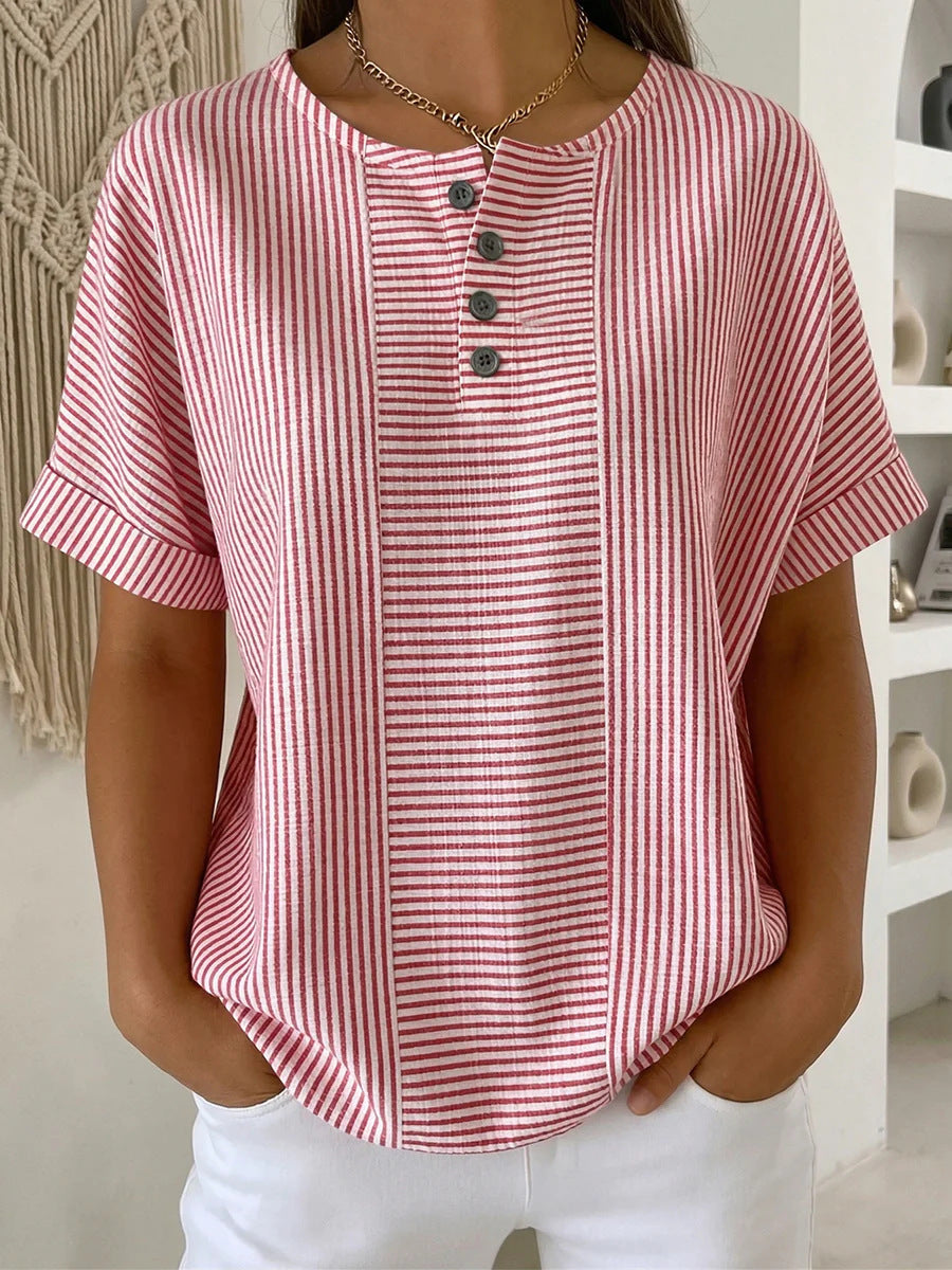 Color Block Stripe Henley Neck Rolled Short Sleeve Blouse