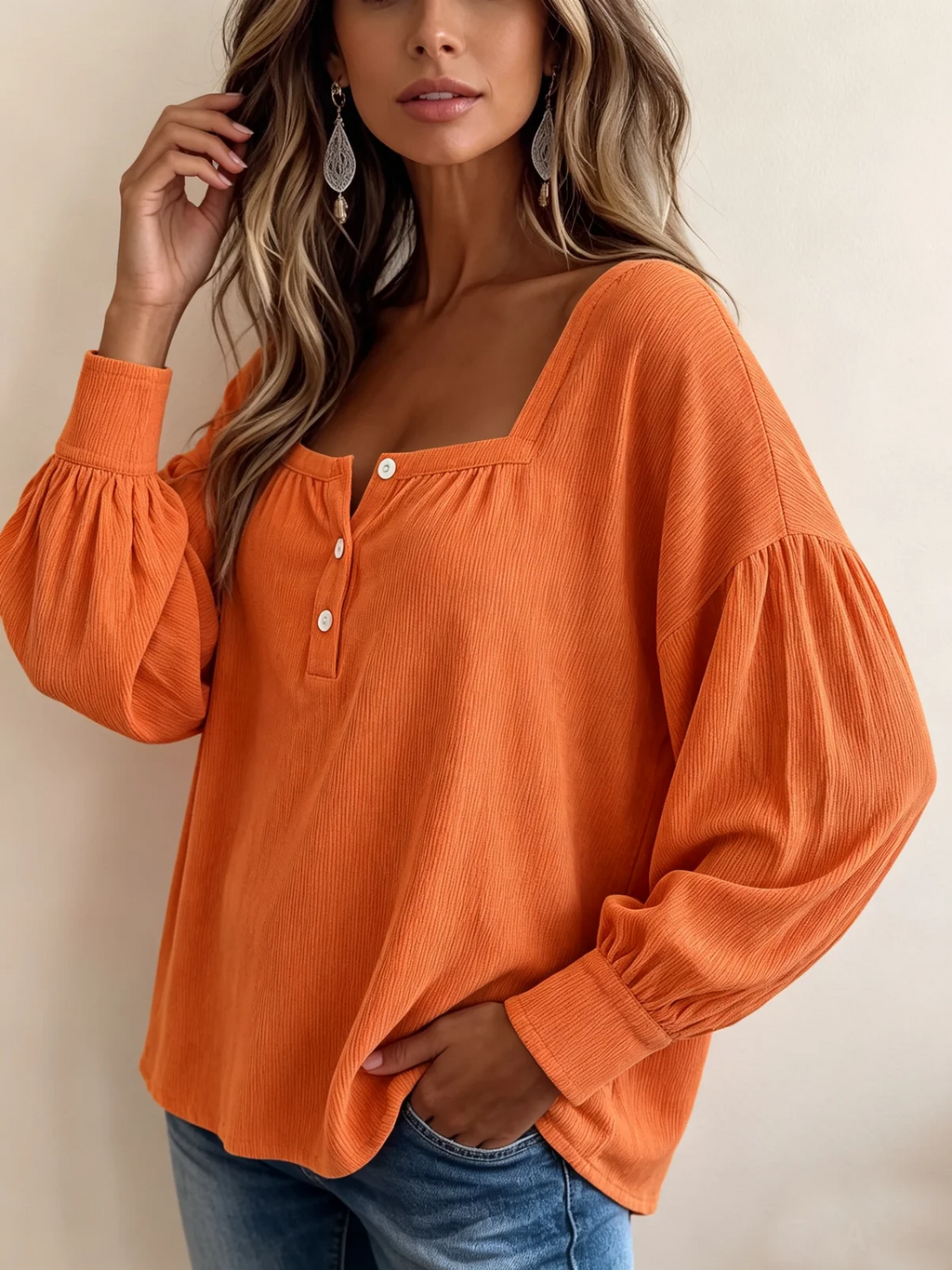 Women’s Square Neck Henley Blouse, Ribbed Puff Long Sleeve Loose Casual Top