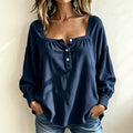Women’s Square Neck Henley Blouse, Ribbed Puff Long Sleeve Loose Casual Top