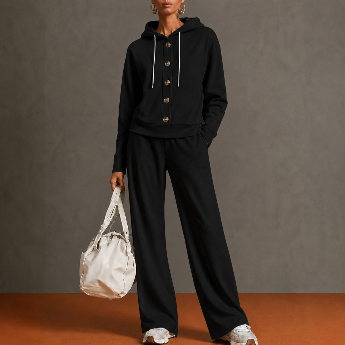 Women’s Hooded Two Piece Lounge Set, Button Front Sweatshirt Top & Wide Leg Pants Outfit