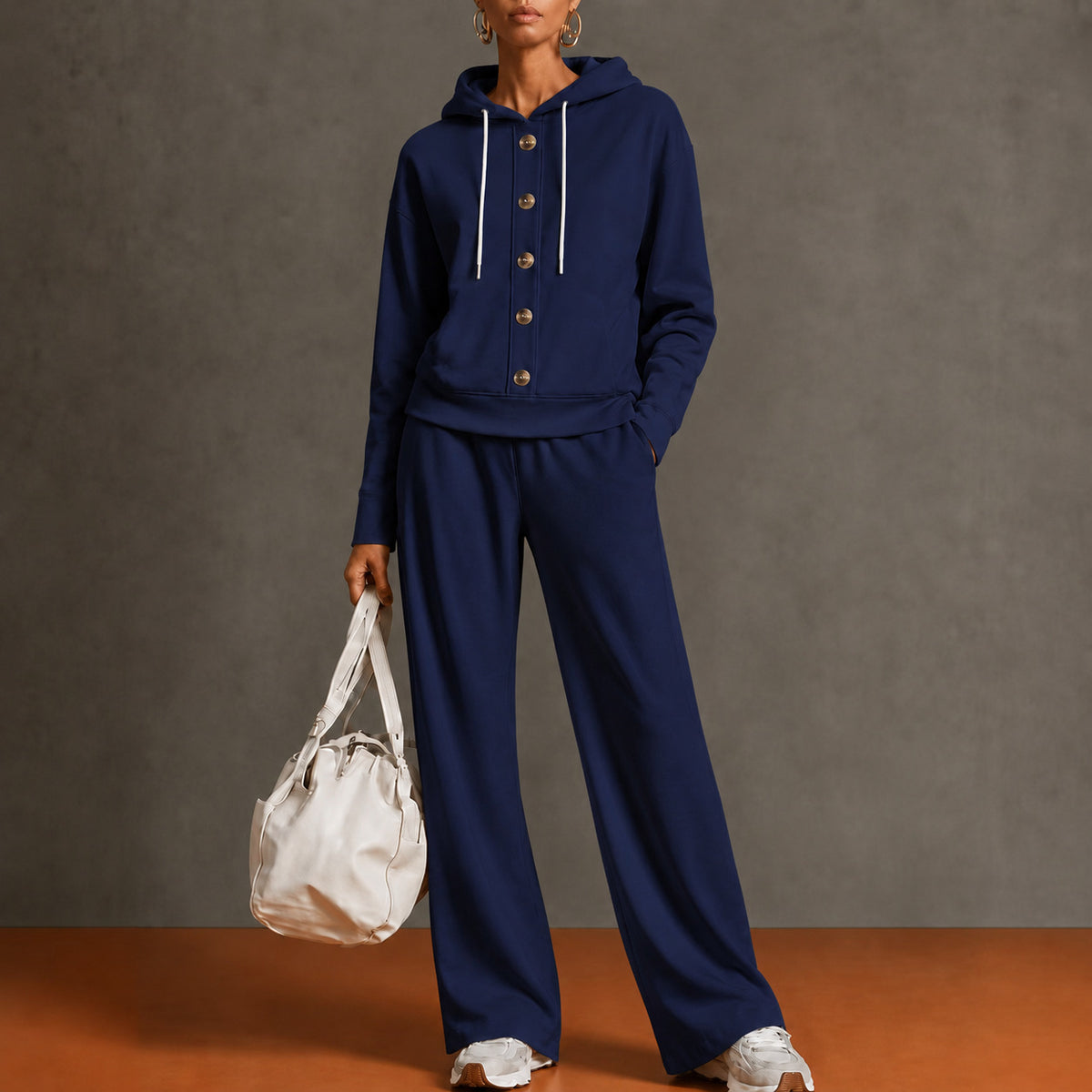 Women’s Hooded Two Piece Lounge Set, Button Front Sweatshirt Top & Wide Leg Pants Outfit