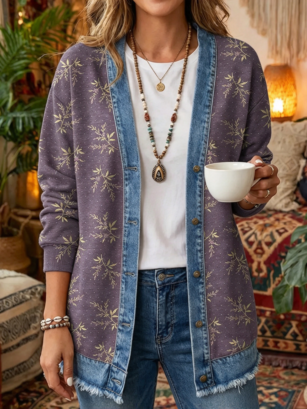 2026 Early Black Friday Sale | Cozy Relaxed Fit Print Splicing Cardigan, Soft Warm Versatile Long Sleeve Outerwear