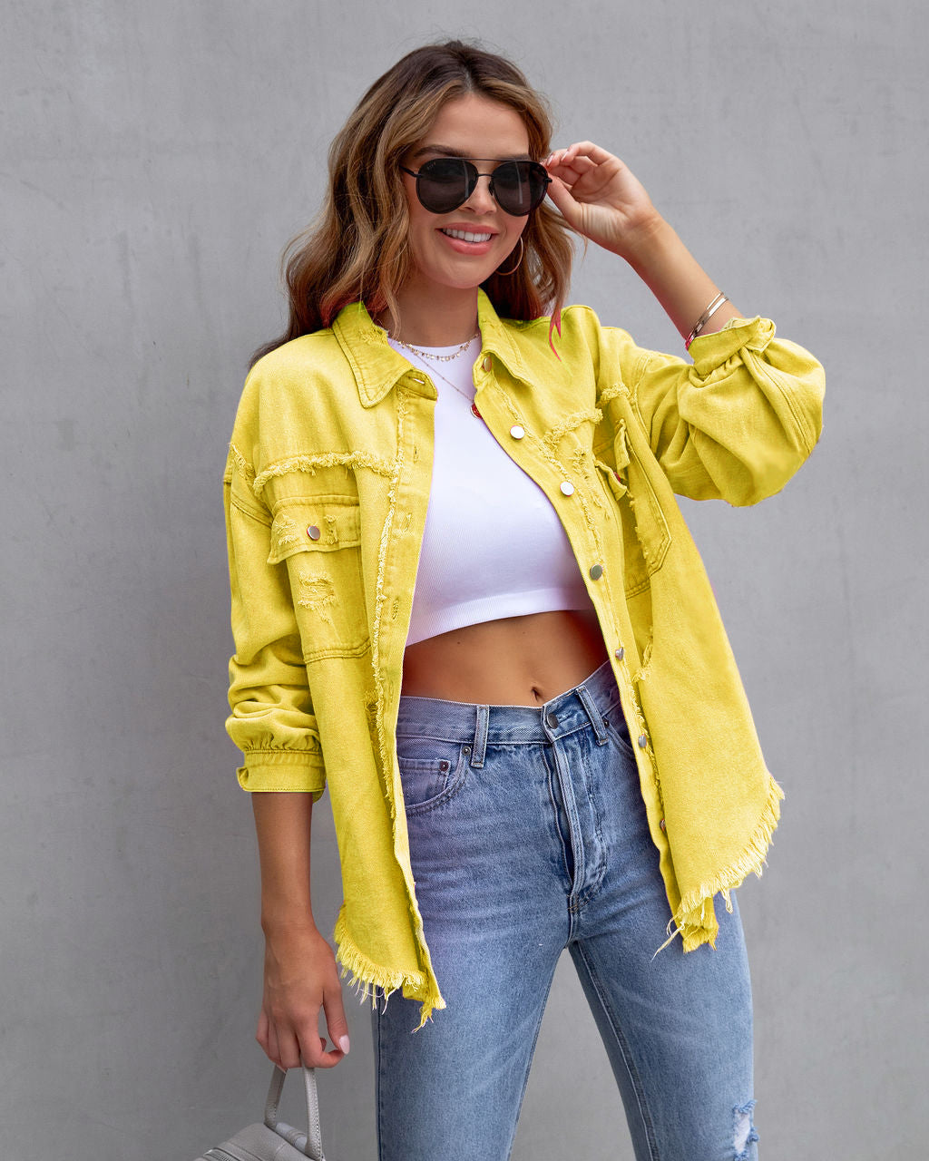 Oversize Relaxed Fit Denim Shacket | Versatile Frayed Button-Down Shirt Jacket | Casual Everyday Outerwear