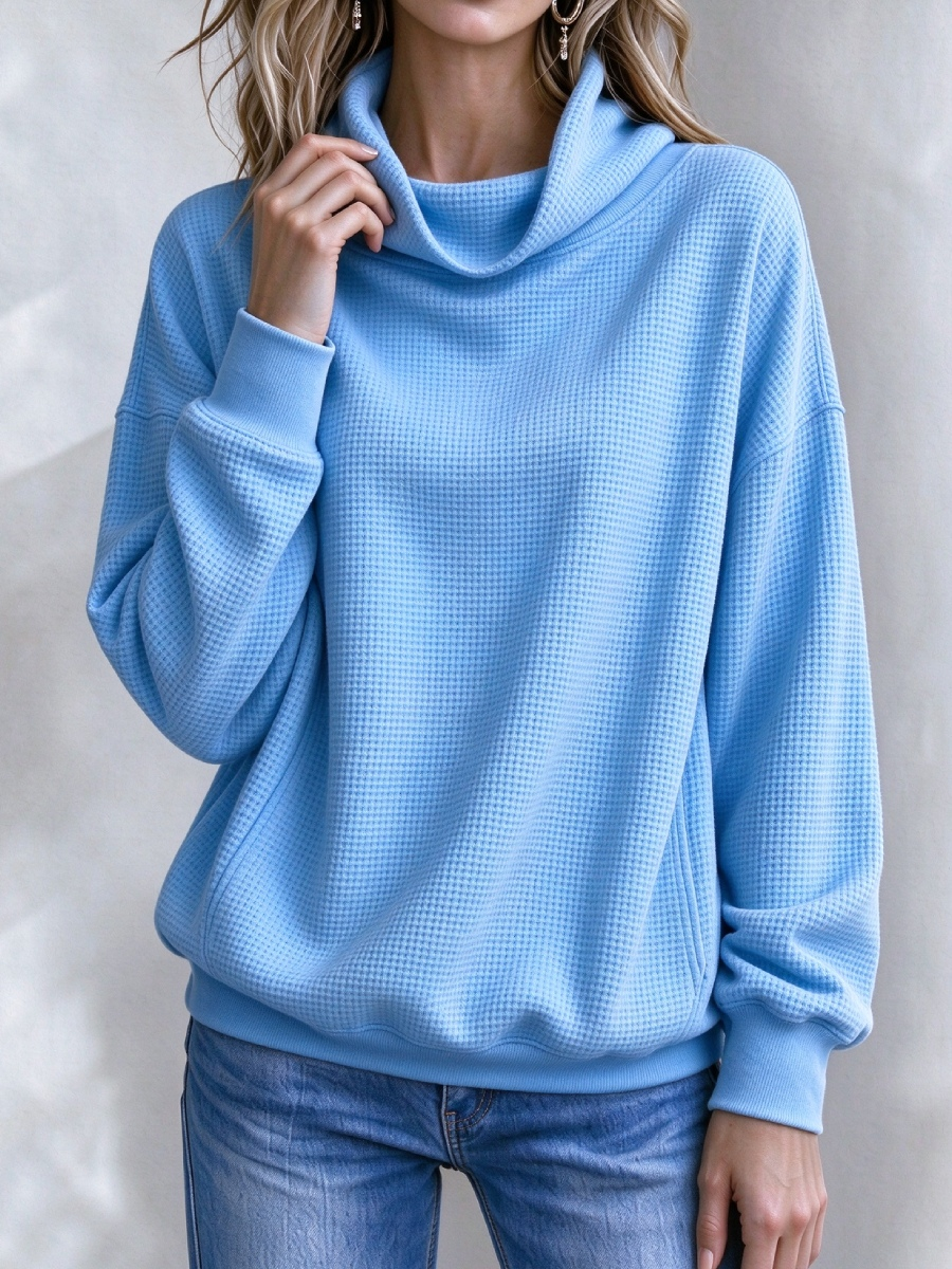 Women’s Waffle Knit Cowl Neck Pullover Sweater – Casual Loose Long Sleeve Turtleneck Sweatshirt