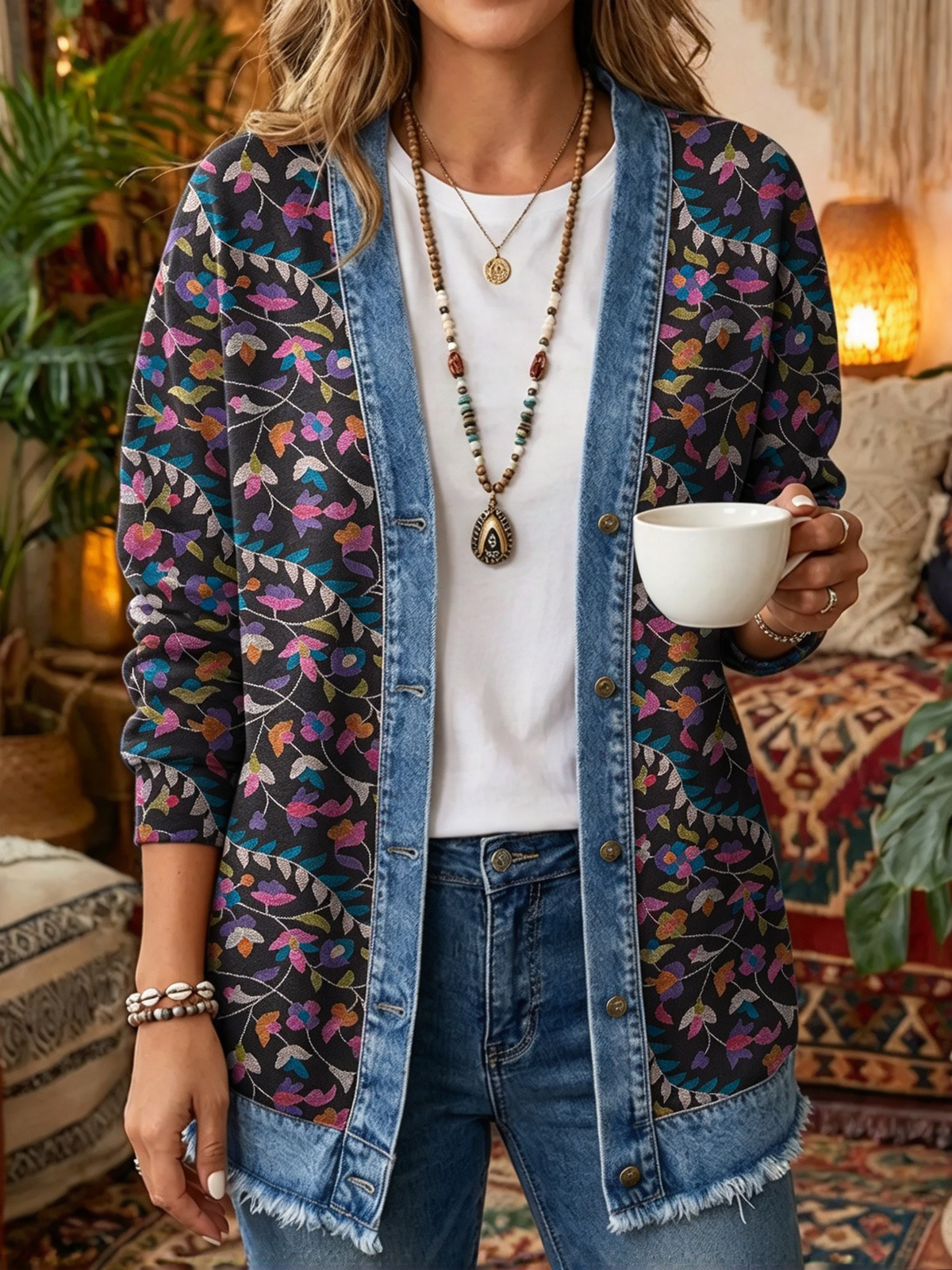 2026 Early Black Friday Sale | Cozy Relaxed Fit Print Splicing Cardigan, Soft Warm Versatile Long Sleeve Outerwear