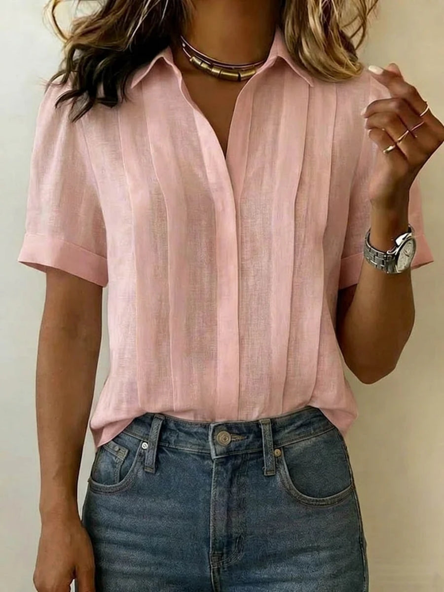 Mother's Day Gift❤Women's Lapel Short-sleeved Casual Loose Pleated Cotton And Linen Shirt