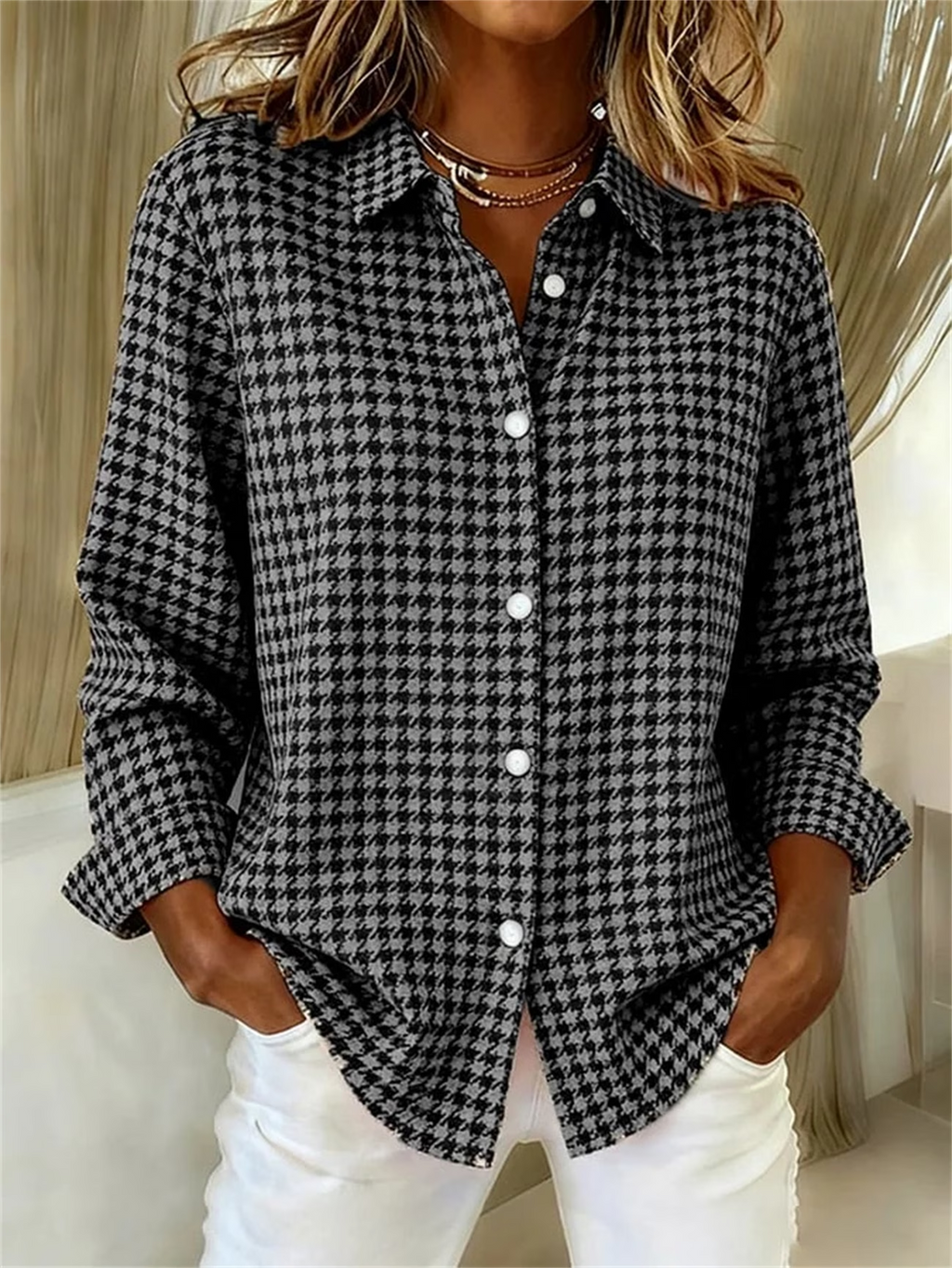 50% OFF - CLEARANCE SALE🔥Women's Long Sleeve Spring/Fall Houndstooth Buckle Shirt