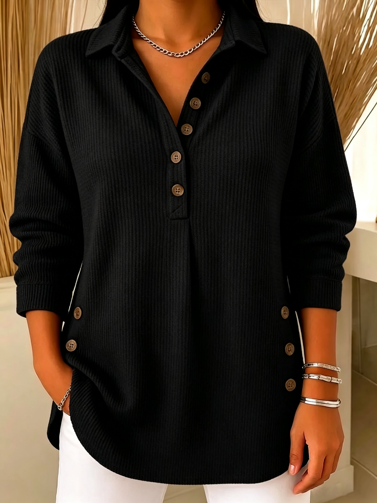 Women's Ribbed Knit Lapel Collar Tops - Casual V-Neck Button Down Shirts with Decorative Side Buttons(📦Buy 2 Free Shipping & 10% OFF)