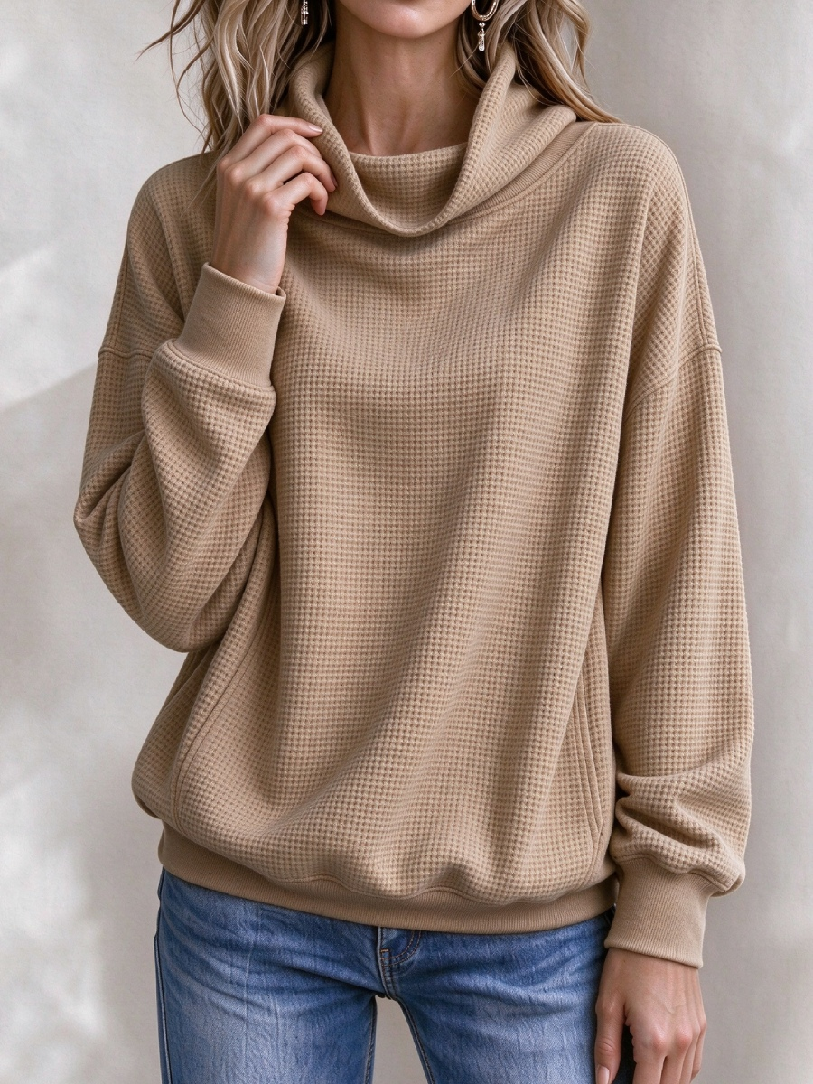 Women’s Waffle Knit Cowl Neck Pullover Sweater – Casual Loose Long Sleeve Turtleneck Sweatshirt