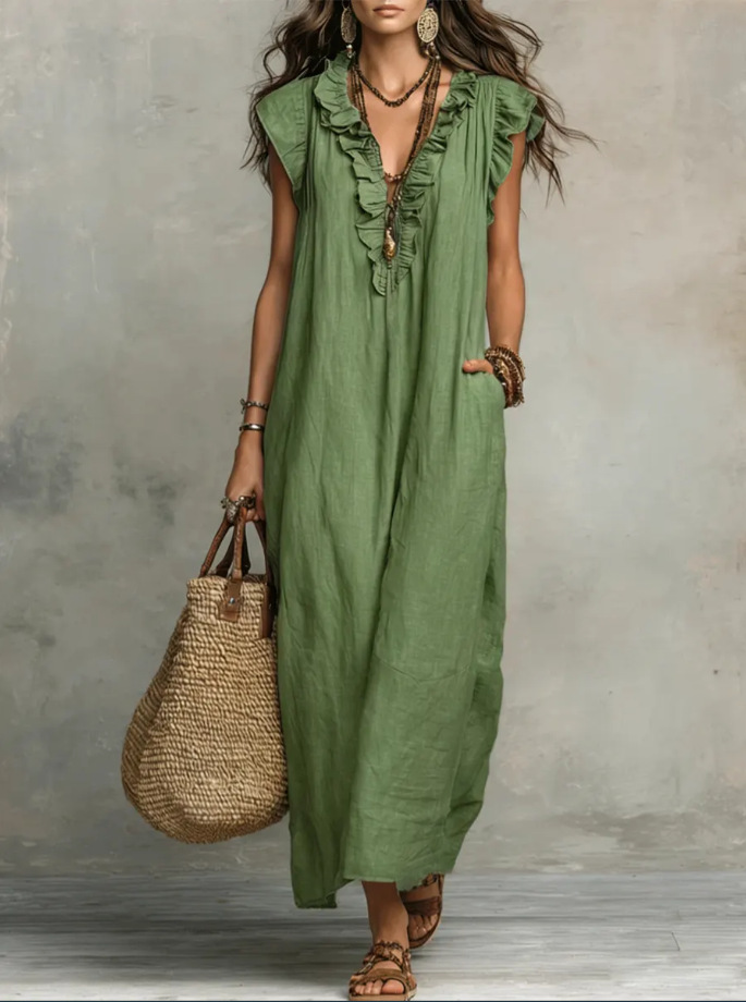Women's Cotton-Blend Ruffle V-Neck Maxi Dress