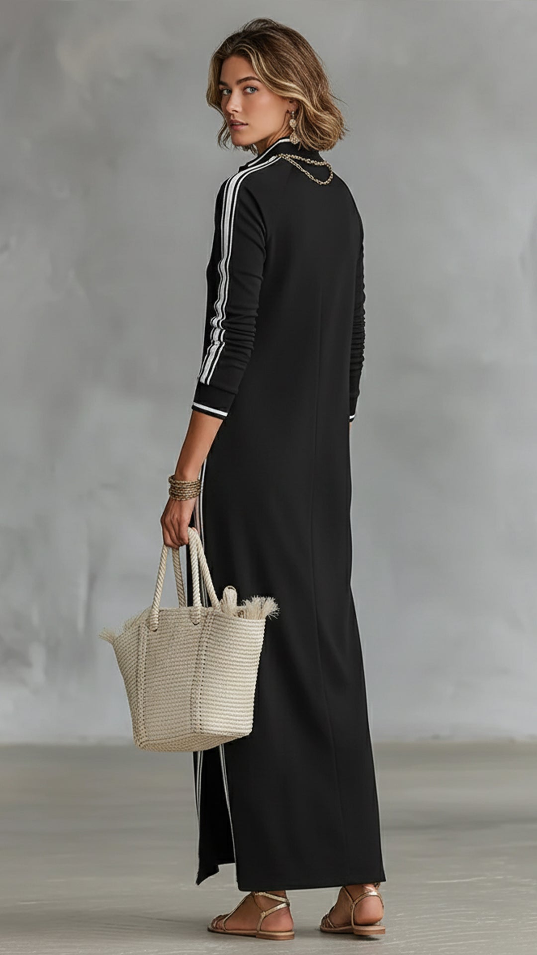 Women's Black and White Striped Sporty Stand-Collar Maxi Dress
