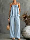Linen Blend Cami Top & Wide Leg Pants Set – Loose Casual Two Piece Outfit