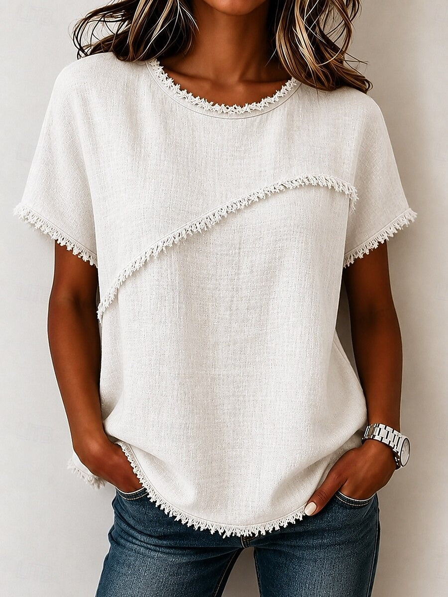 Women's Fringe Trim Textured Crew Neck Loose Fit Short Sleeve Top