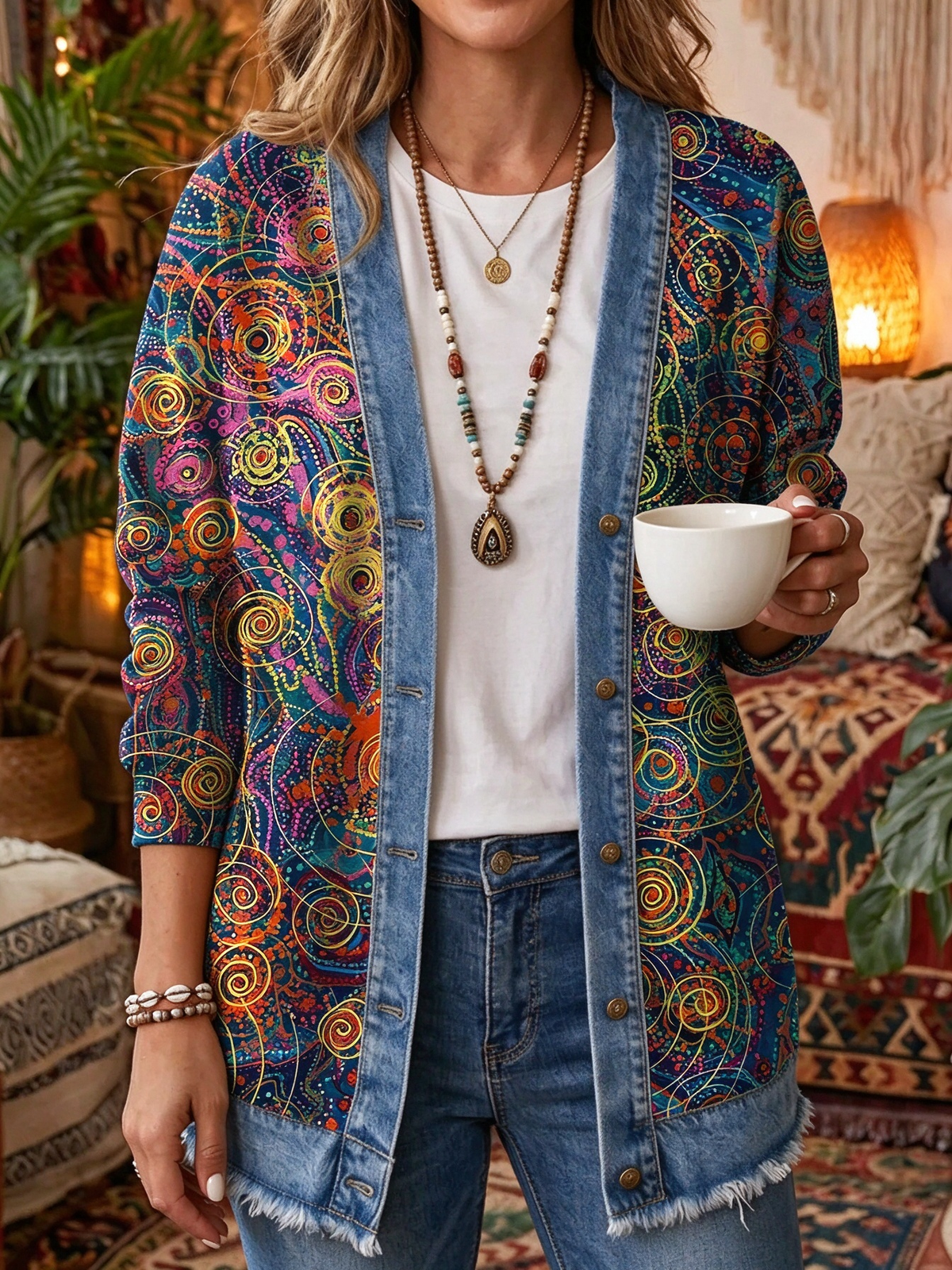 2026 Early Black Friday Sale | Cozy Relaxed Fit Print Splicing Cardigan, Soft Warm Versatile Long Sleeve Outerwear