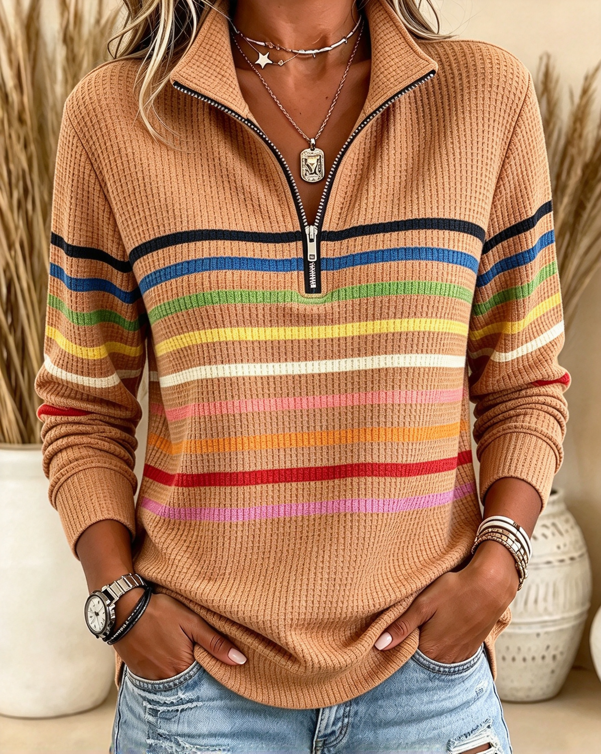 2026 Early Black Friday Sale 🐦Women's Rainbow Stripe Quarter-Zip Pullover, Retro Sporty Collared Waffle Knit Top - Oversized Casual