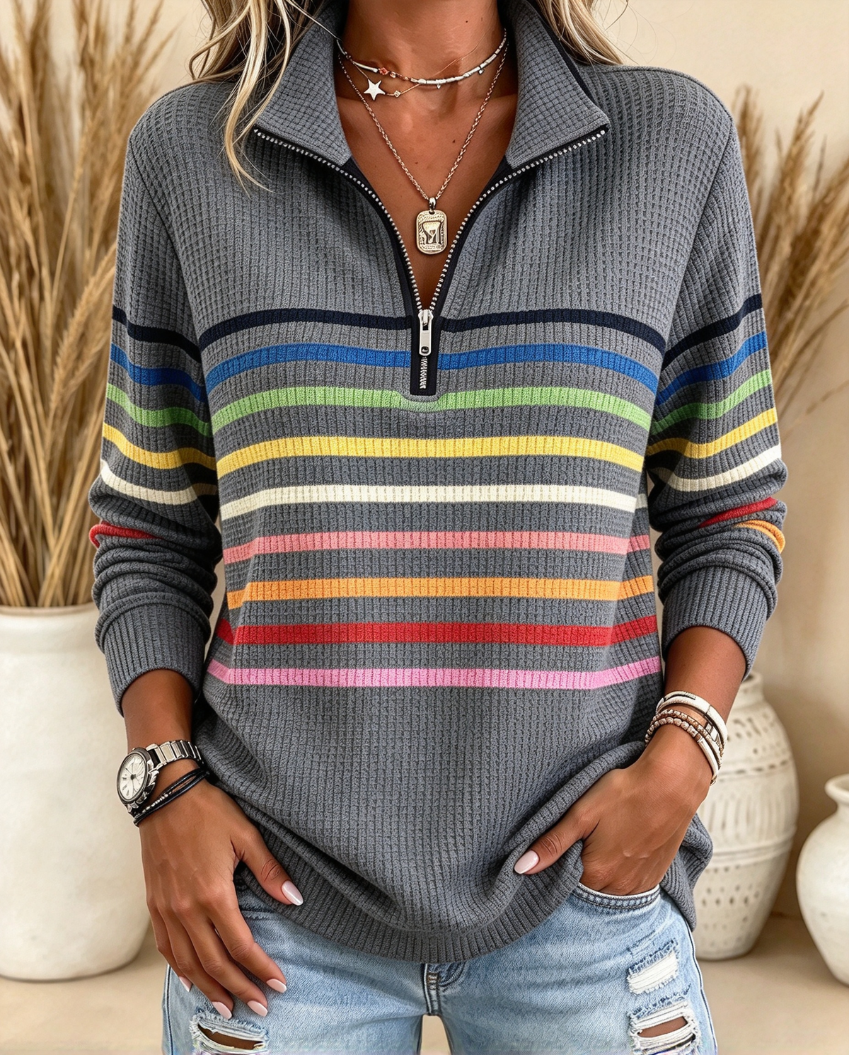 2026 Early Black Friday Sale 🐦Women's Rainbow Stripe Quarter-Zip Pullover, Retro Sporty Collared Waffle Knit Top - Oversized Casual