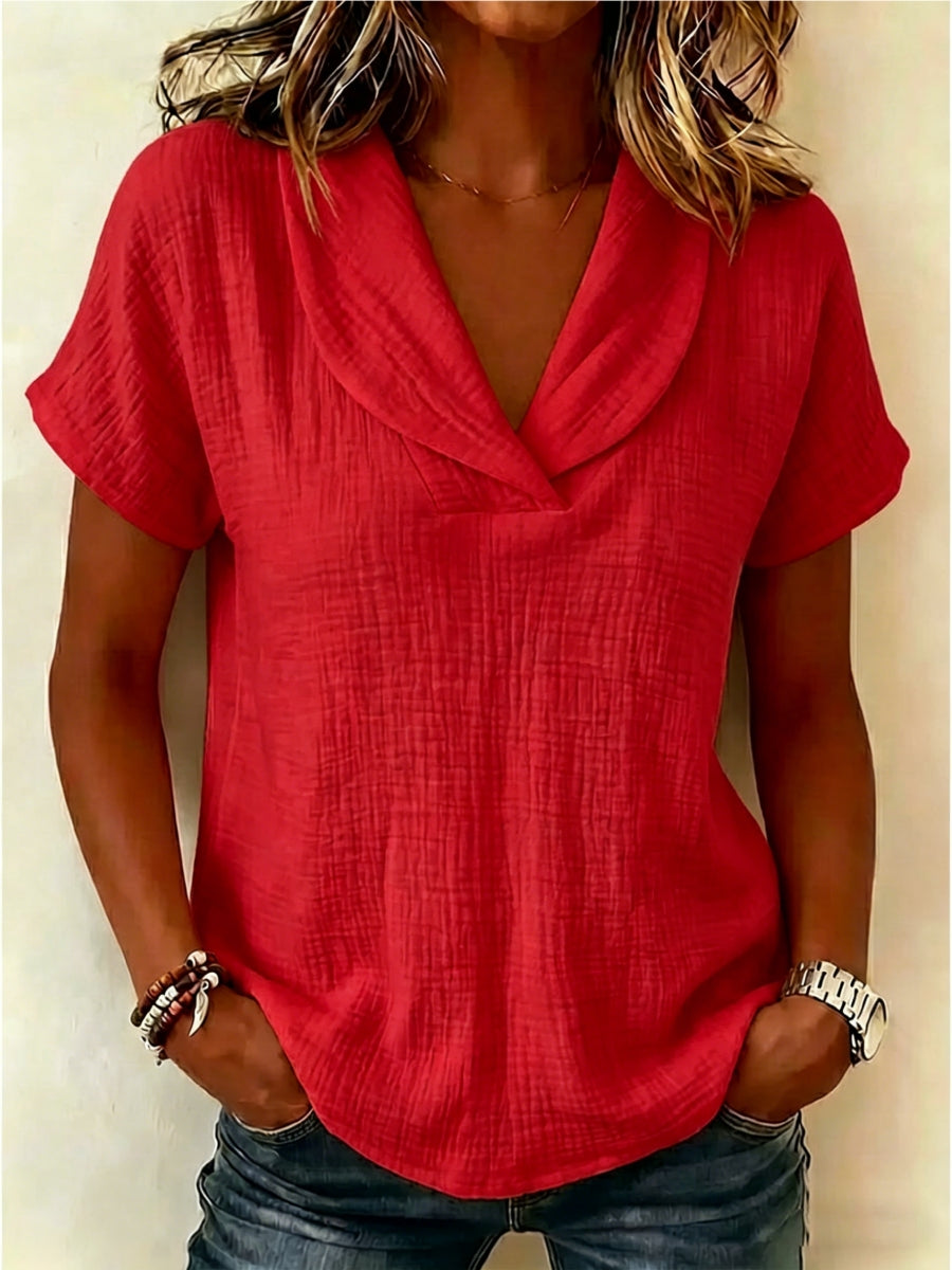 Women's Peter Pan Collar V-neck Short-sleeve Cotton-linen Top