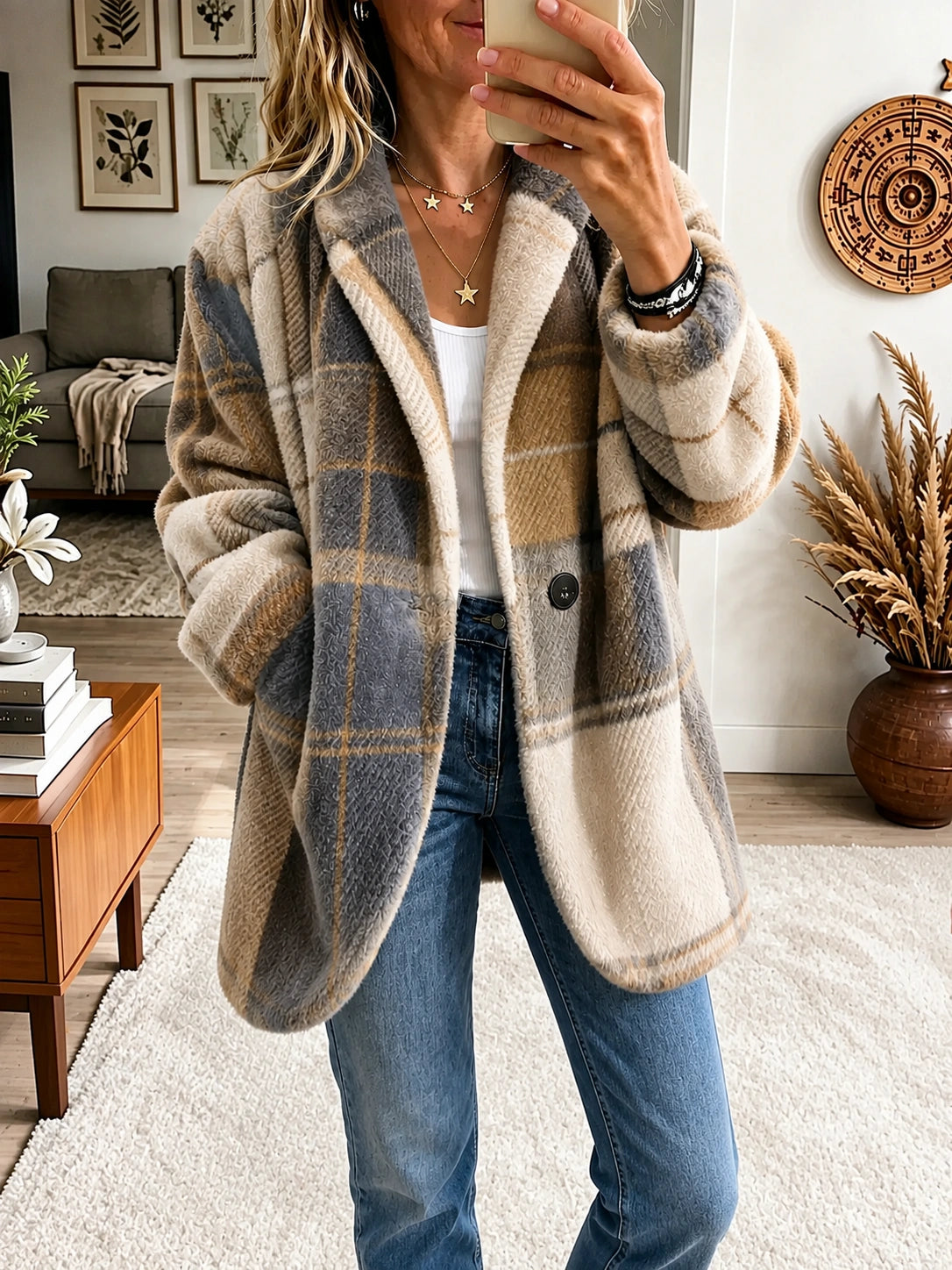 Autumn Winter Lazy Loose Vibrant Plaid Fuzzy Fleece Jacket