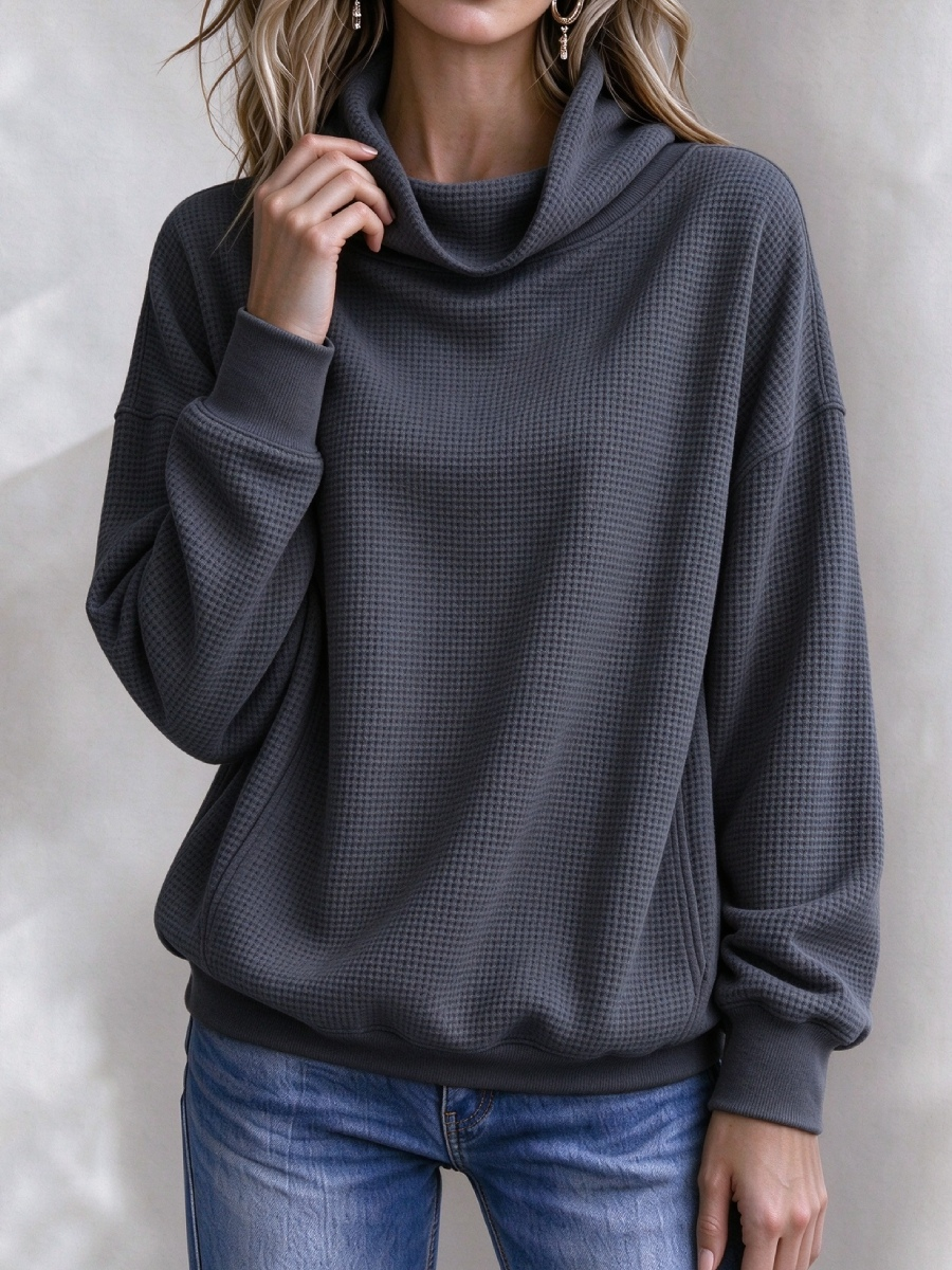 Women’s Waffle Knit Cowl Neck Pullover Sweater – Casual Loose Long Sleeve Turtleneck Sweatshirt