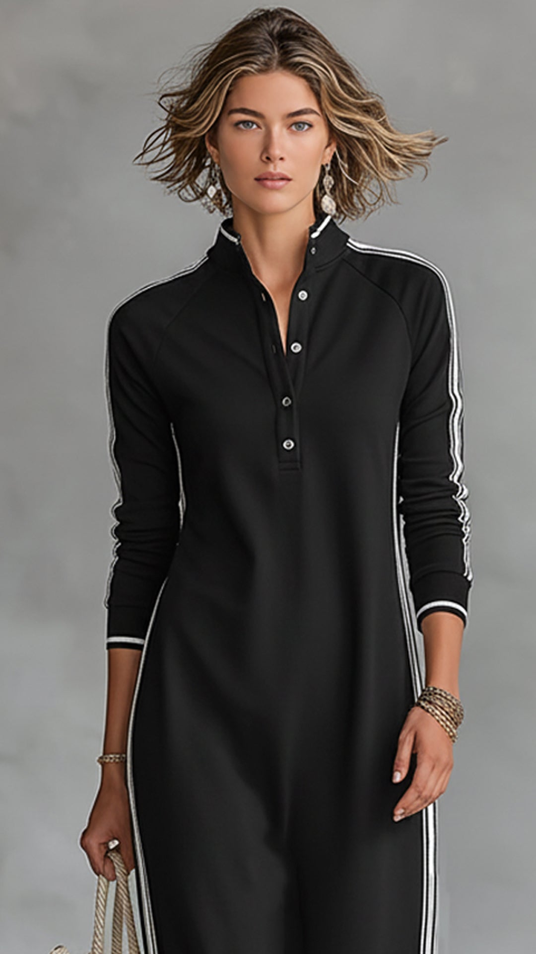 Women's Black and White Striped Sporty Stand-Collar Maxi Dress