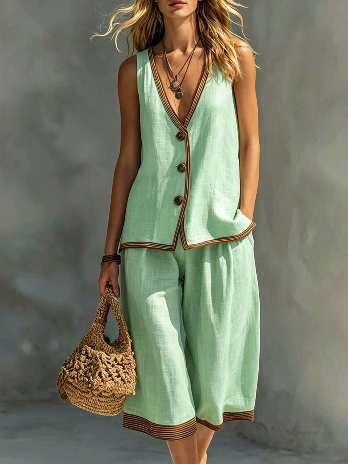 Women's Linen Blend Sleeveless V-Neck Top & Wide Leg Cropped Pants Set
