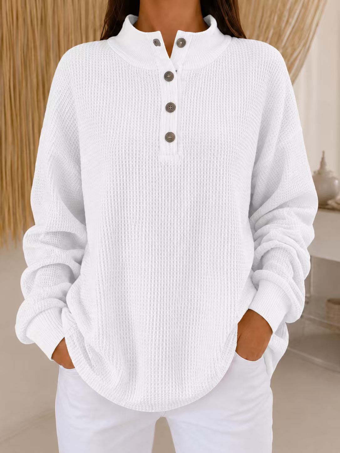 Limited-time Promotion: Buy 2 FREE SHIPPING & Extra 10% OFF✈ - Women’s Stand Collar Waffle Knit Top Button Neck Long Sleeve Loose Blouse
