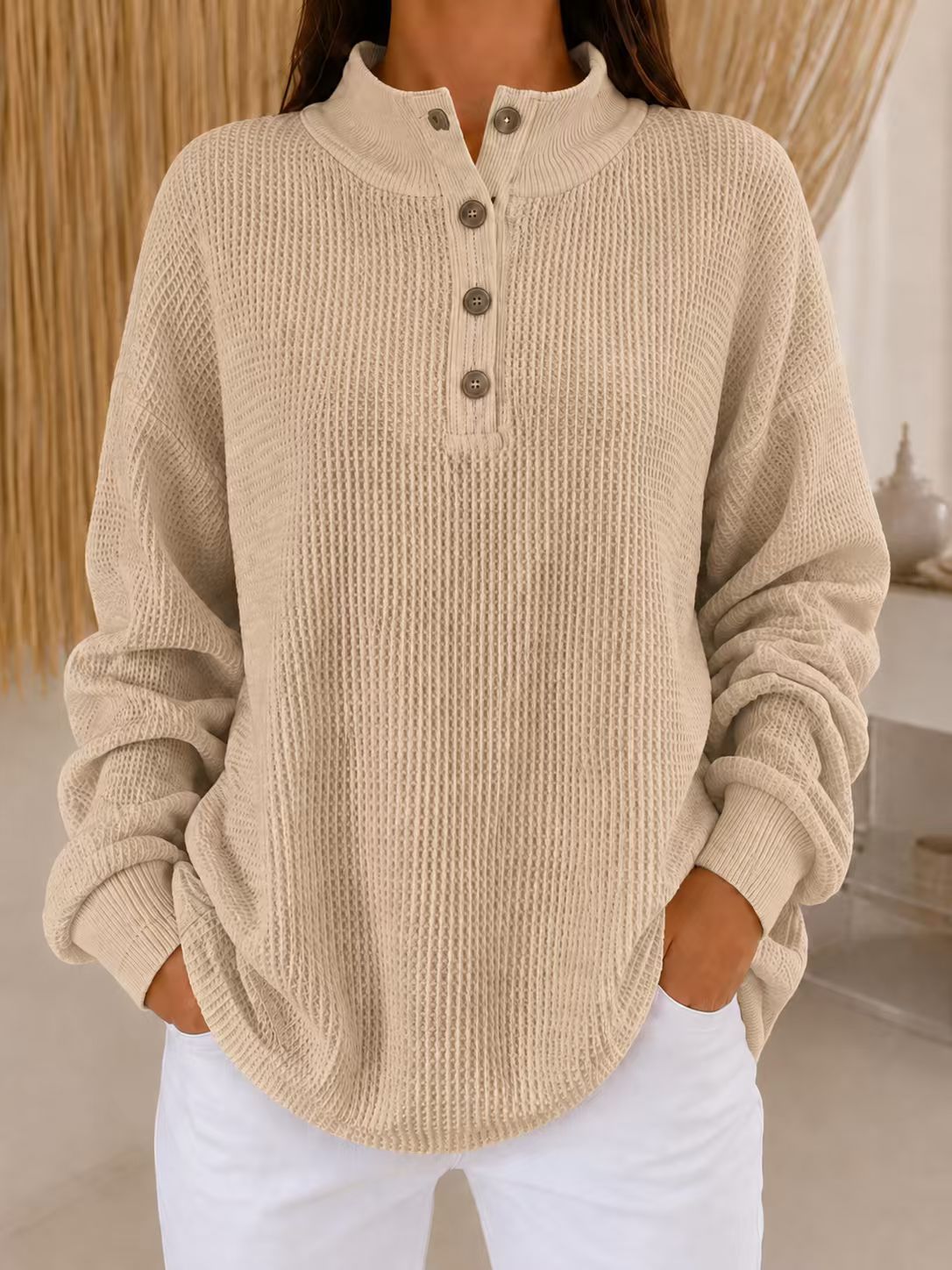 Limited-time Promotion: Buy 2 FREE SHIPPING & Extra 10% OFF✈ - Women’s Stand Collar Waffle Knit Top Button Neck Long Sleeve Loose Blouse