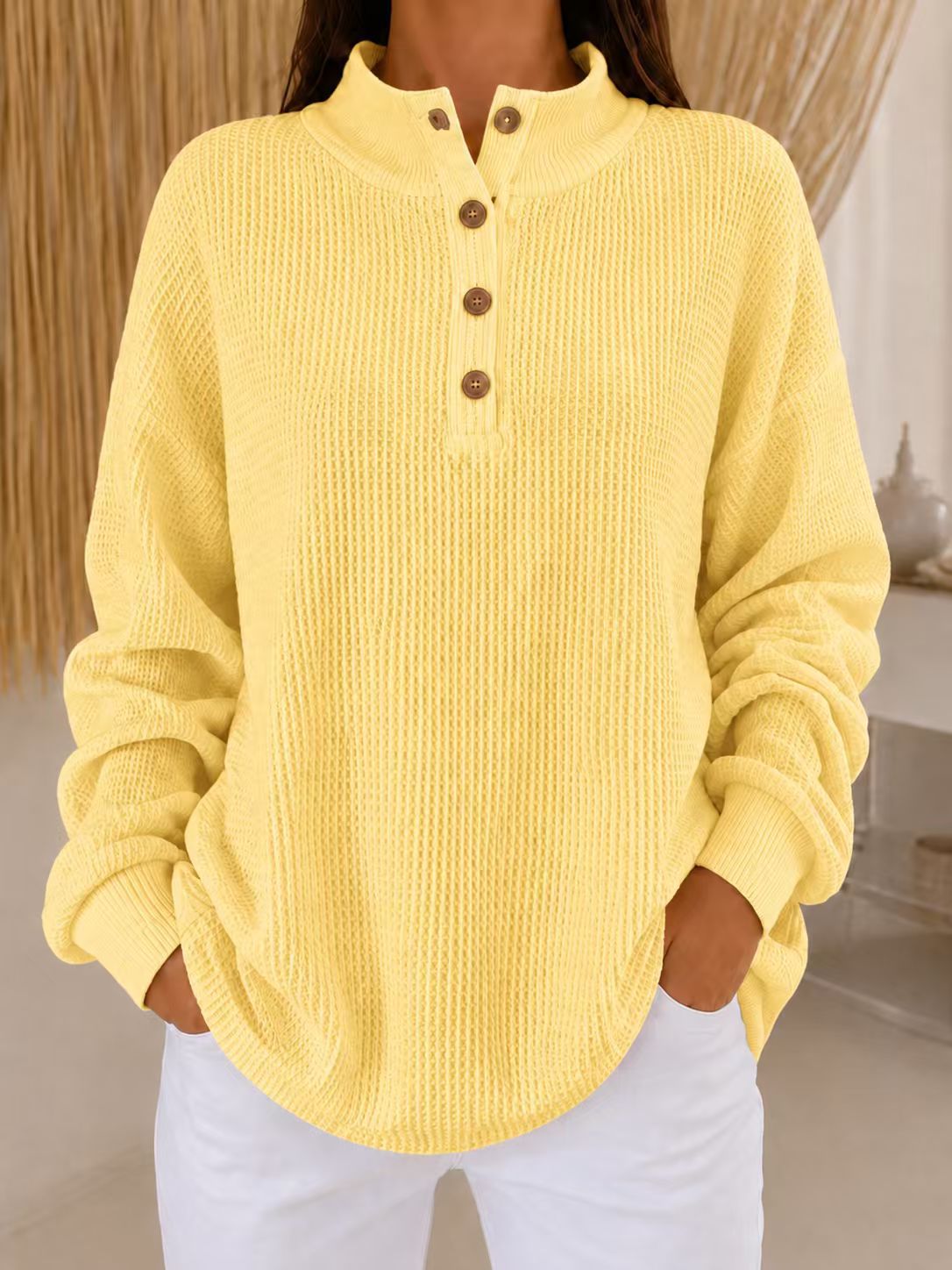 Limited-time Promotion: Buy 2 FREE SHIPPING & Extra 10% OFF✈ - Women’s Stand Collar Waffle Knit Top Button Neck Long Sleeve Loose Blouse