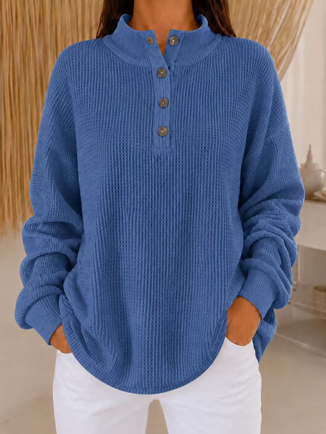 Limited-time Promotion: Buy 2 FREE SHIPPING & Extra 10% OFF✈ - Women’s Stand Collar Waffle Knit Top Button Neck Long Sleeve Loose Blouse