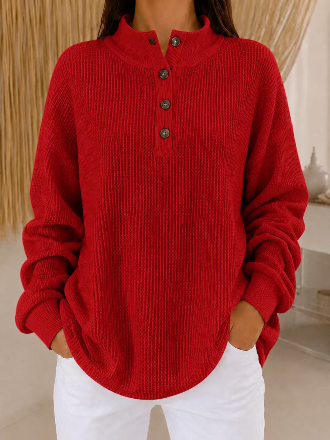 Limited-time Promotion: Buy 2 FREE SHIPPING & Extra 10% OFF✈ - Women’s Stand Collar Waffle Knit Top Button Neck Long Sleeve Loose Blouse