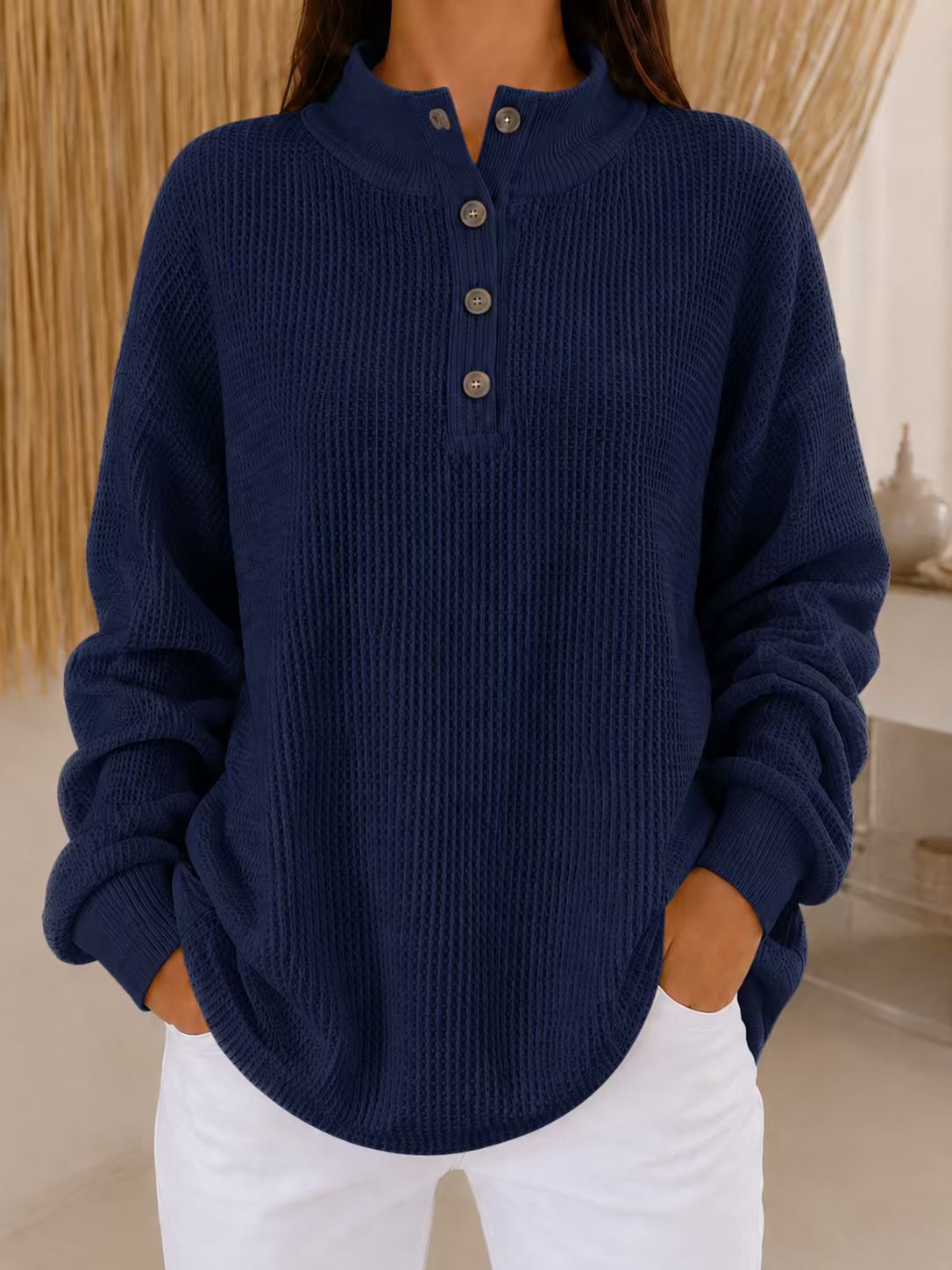 Limited-time Promotion: Buy 2 FREE SHIPPING & Extra 10% OFF✈ - Women’s Stand Collar Waffle Knit Top Button Neck Long Sleeve Loose Blouse