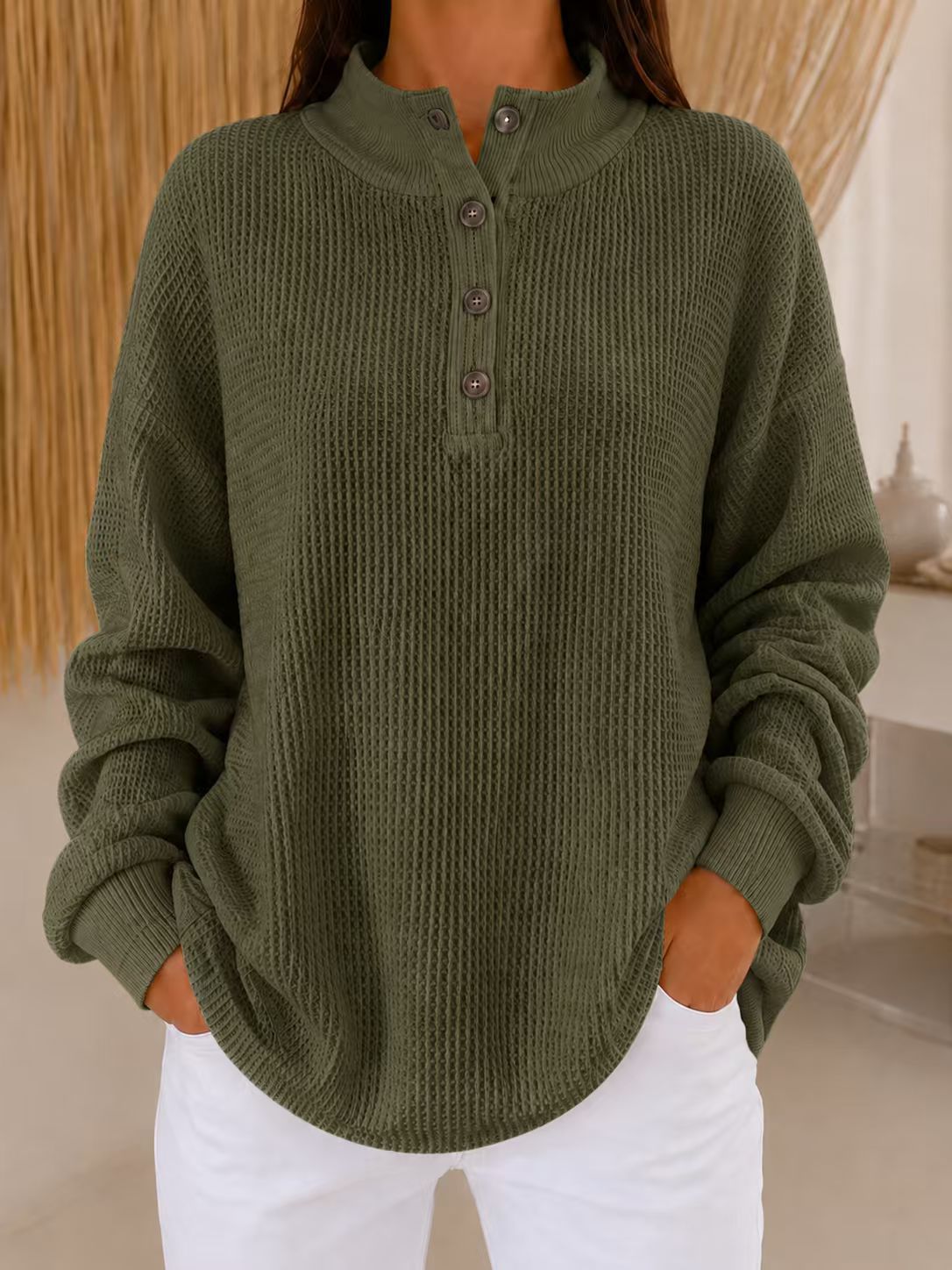 Limited-time Promotion: Buy 2 FREE SHIPPING & Extra 10% OFF✈ - Women’s Stand Collar Waffle Knit Top Button Neck Long Sleeve Loose Blouse